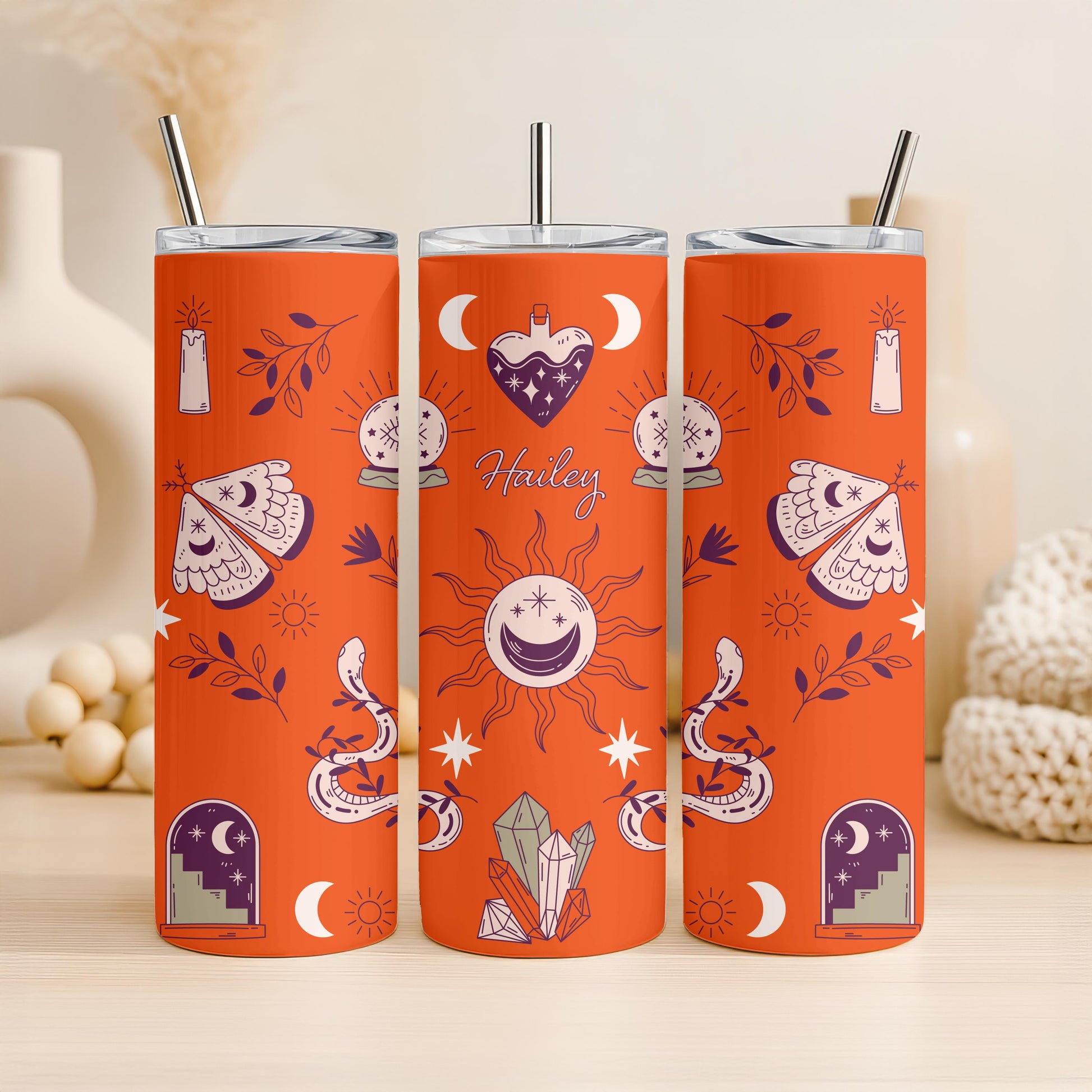 Personalized Witchy Tumbler with Name, Mystical Celestial 20oz Skinny Tumbler, Custom Spiritual Gift for Her, Travel Cup