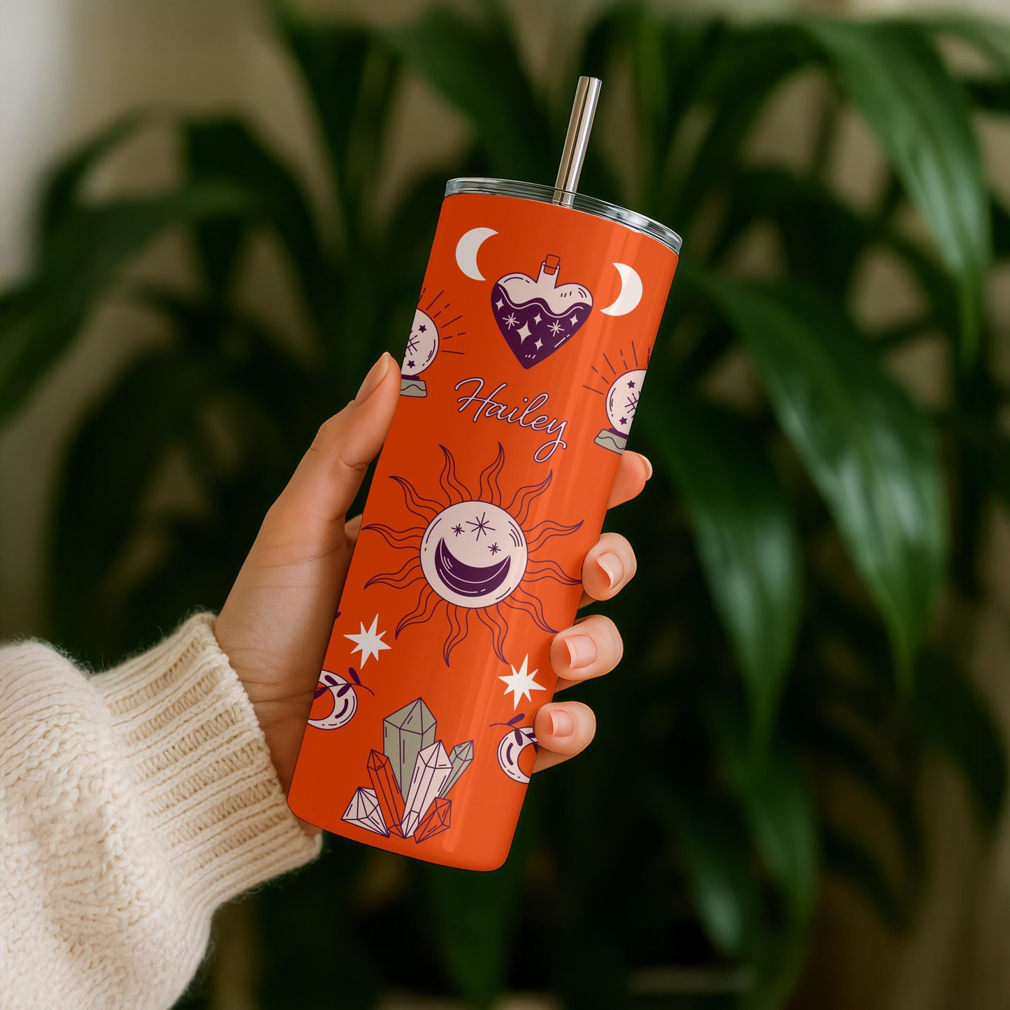 Personalized Witchy Tumbler with Name, Mystical Celestial 20oz Skinny Tumbler, Custom Spiritual Gift for Her, Travel Cup