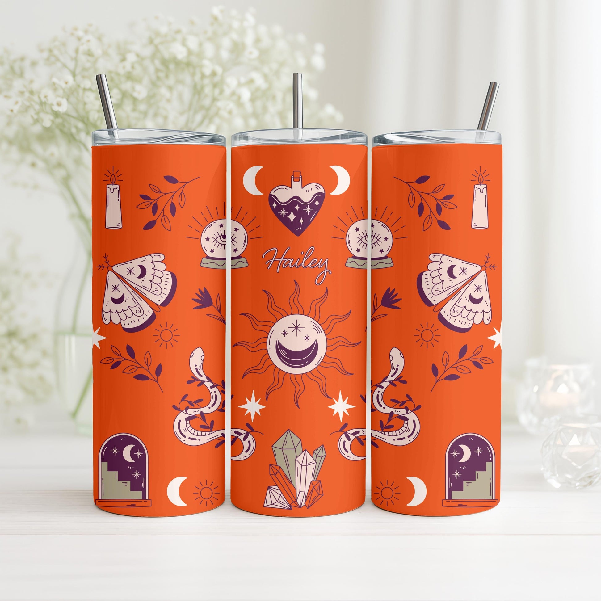 Personalized Witchy Tumbler with Name, Mystical Celestial 20oz Skinny Tumbler, Custom Spiritual Gift for Her, Travel Cup