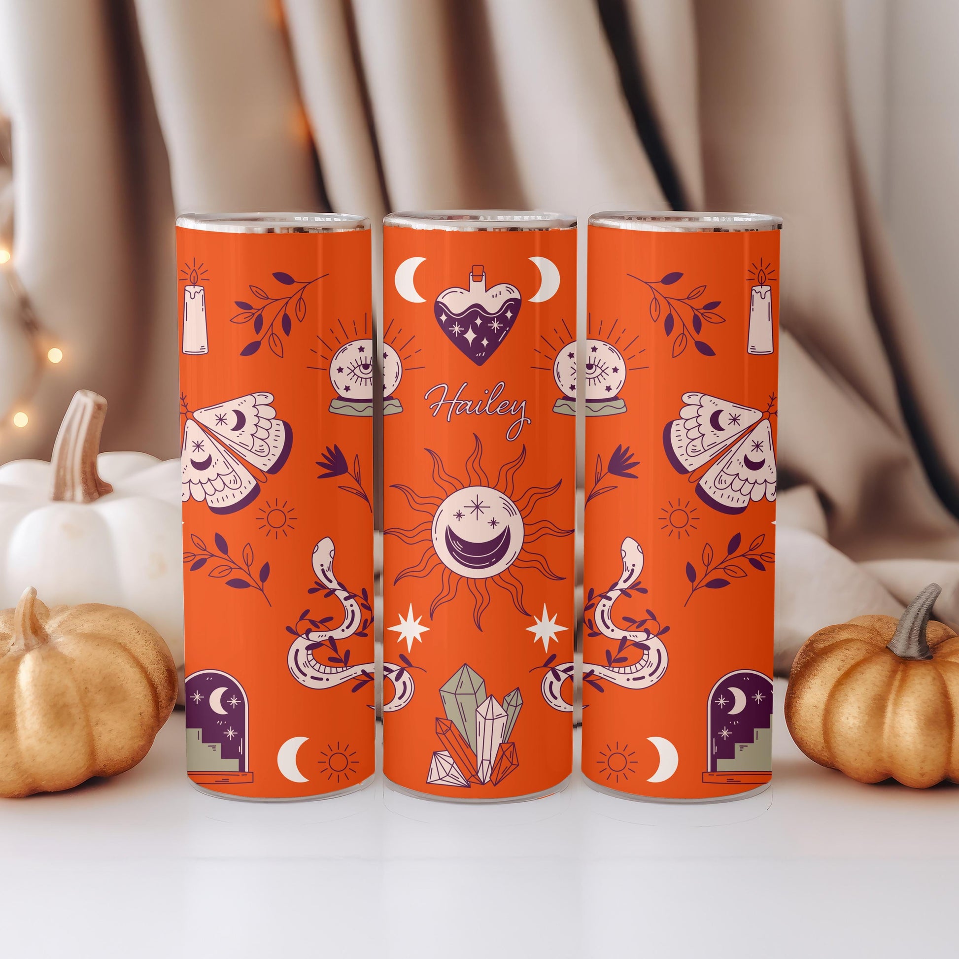 Personalized Witchy Tumbler with Name, Mystical Celestial 20oz Skinny Tumbler, Custom Spiritual Gift for Her, Travel Cup