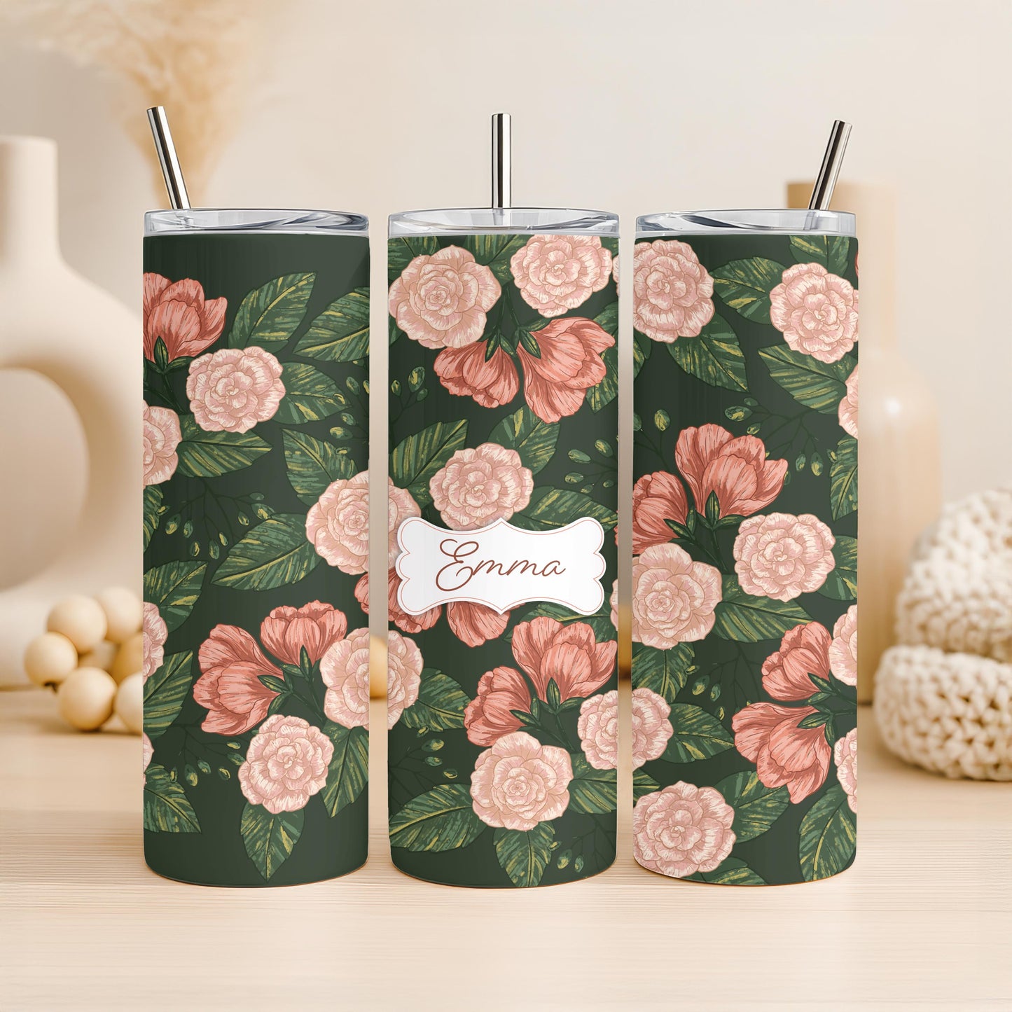 Personalized Dark Floral Tumbler, Vintage Rose 20oz Skinny Tumbler, Custom Botanical Gift for Her, Aesthetic Flower Travel Cup