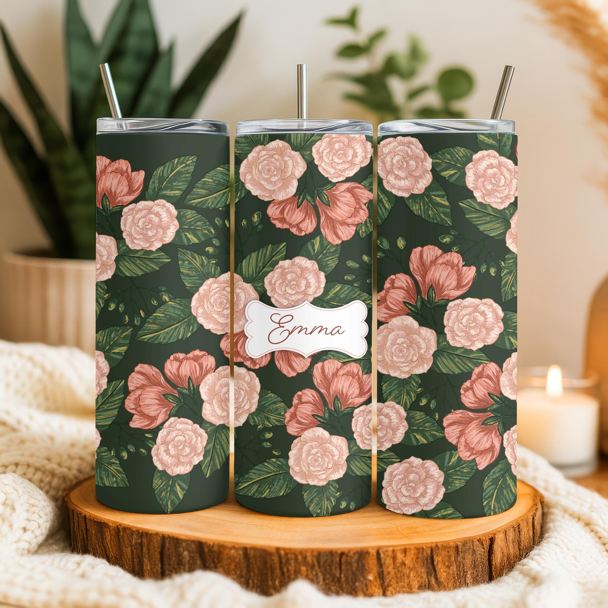 Personalized Dark Floral Tumbler, Vintage Rose 20oz Skinny Tumbler, Custom Botanical Gift for Her, Aesthetic Flower Travel Cup