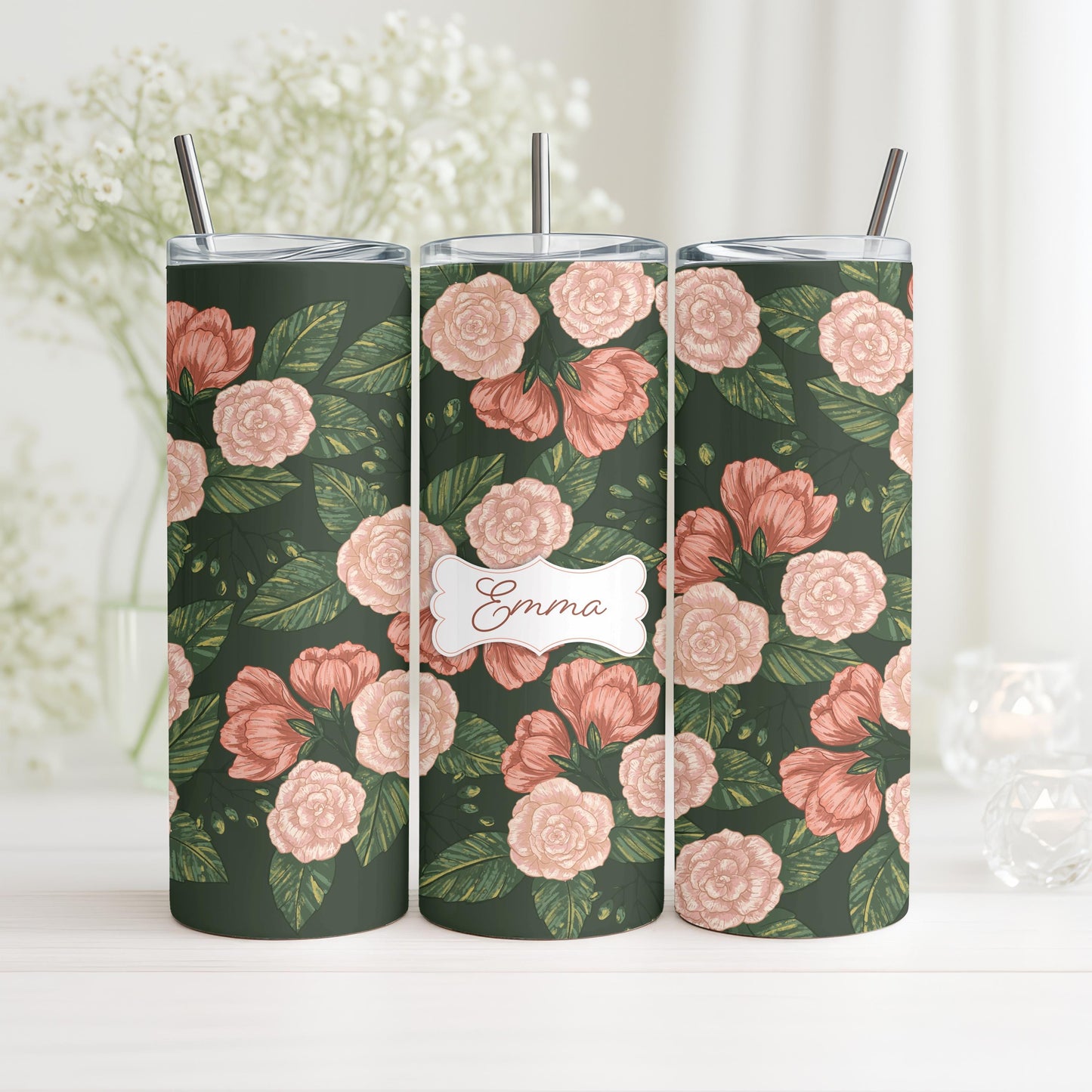Personalized Dark Floral Tumbler, Vintage Rose 20oz Skinny Tumbler, Custom Botanical Gift for Her, Aesthetic Flower Travel Cup