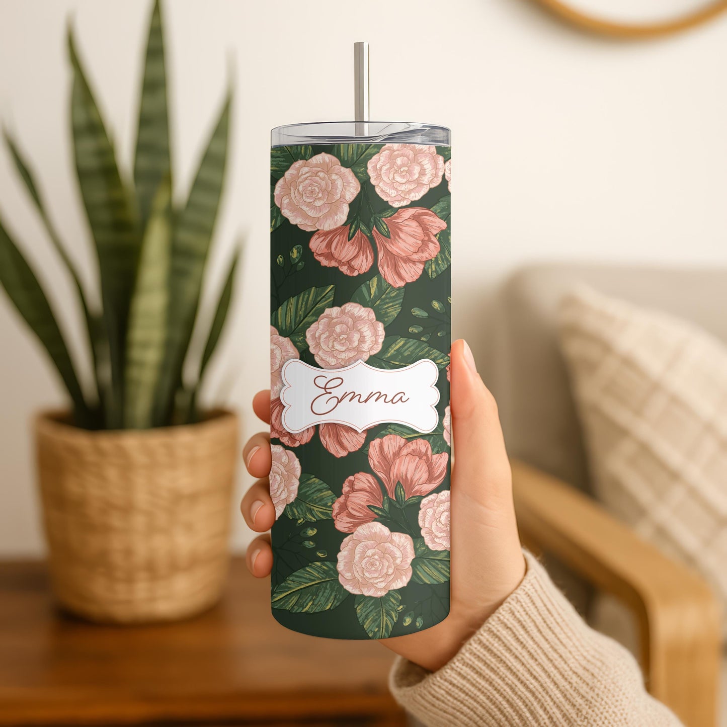 Personalized Dark Floral Tumbler, Vintage Rose 20oz Skinny Tumbler, Custom Botanical Gift for Her, Aesthetic Flower Travel Cup