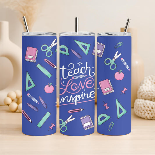Teach Love Inspire Tumbler, Personalized Teacher Gift, 20oz Skinny Tumbler for Teacher, Custom School Supplies Travel Cup