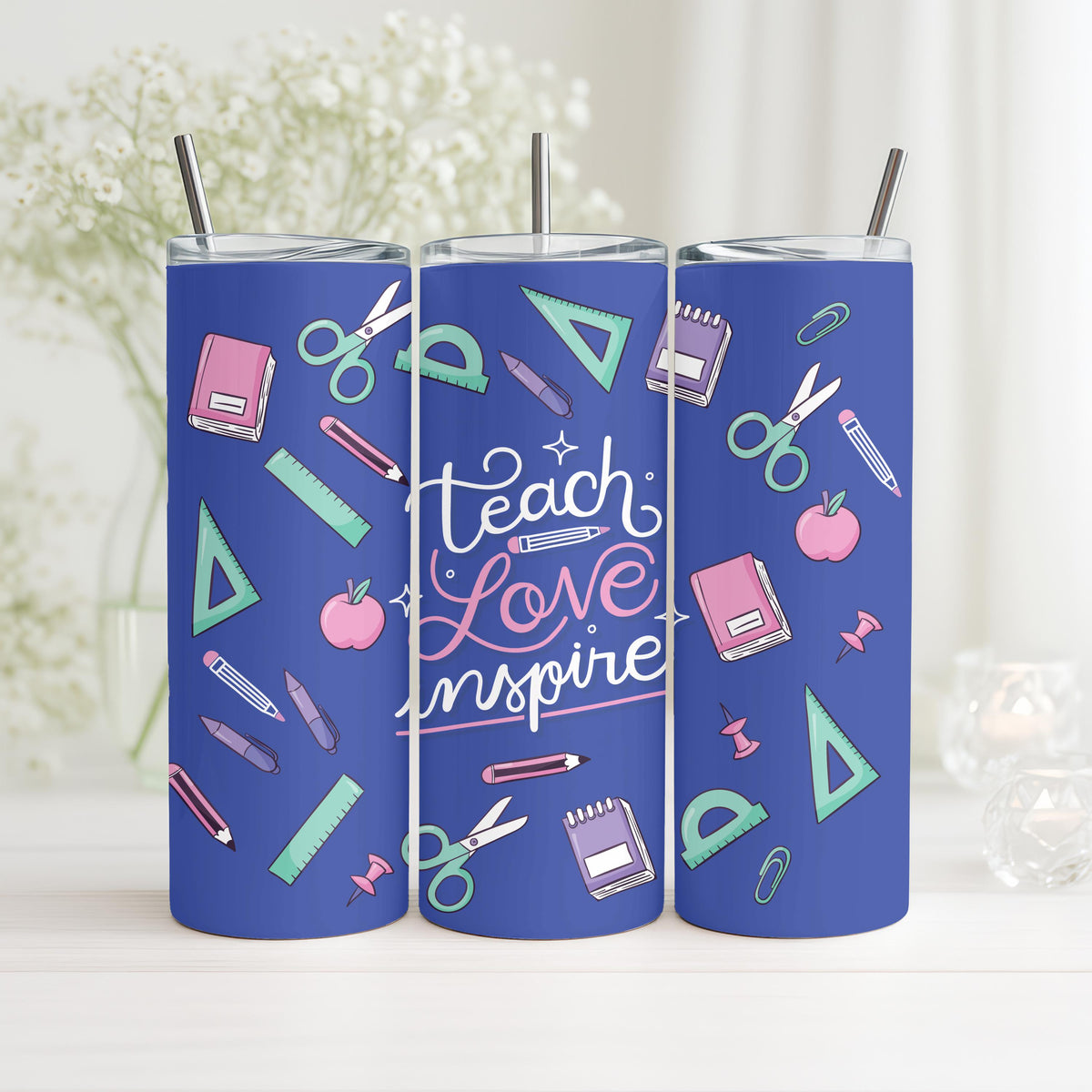 Teach Love Inspire Tumbler, Personalized Teacher Gift, 20oz Skinny Tumbler for Teacher, Custom School Supplies Travel Cup