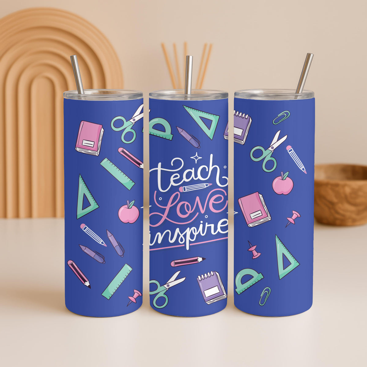 Teach Love Inspire Tumbler, Personalized Teacher Gift, 20oz Skinny Tumbler for Teacher, Custom School Supplies Travel Cup