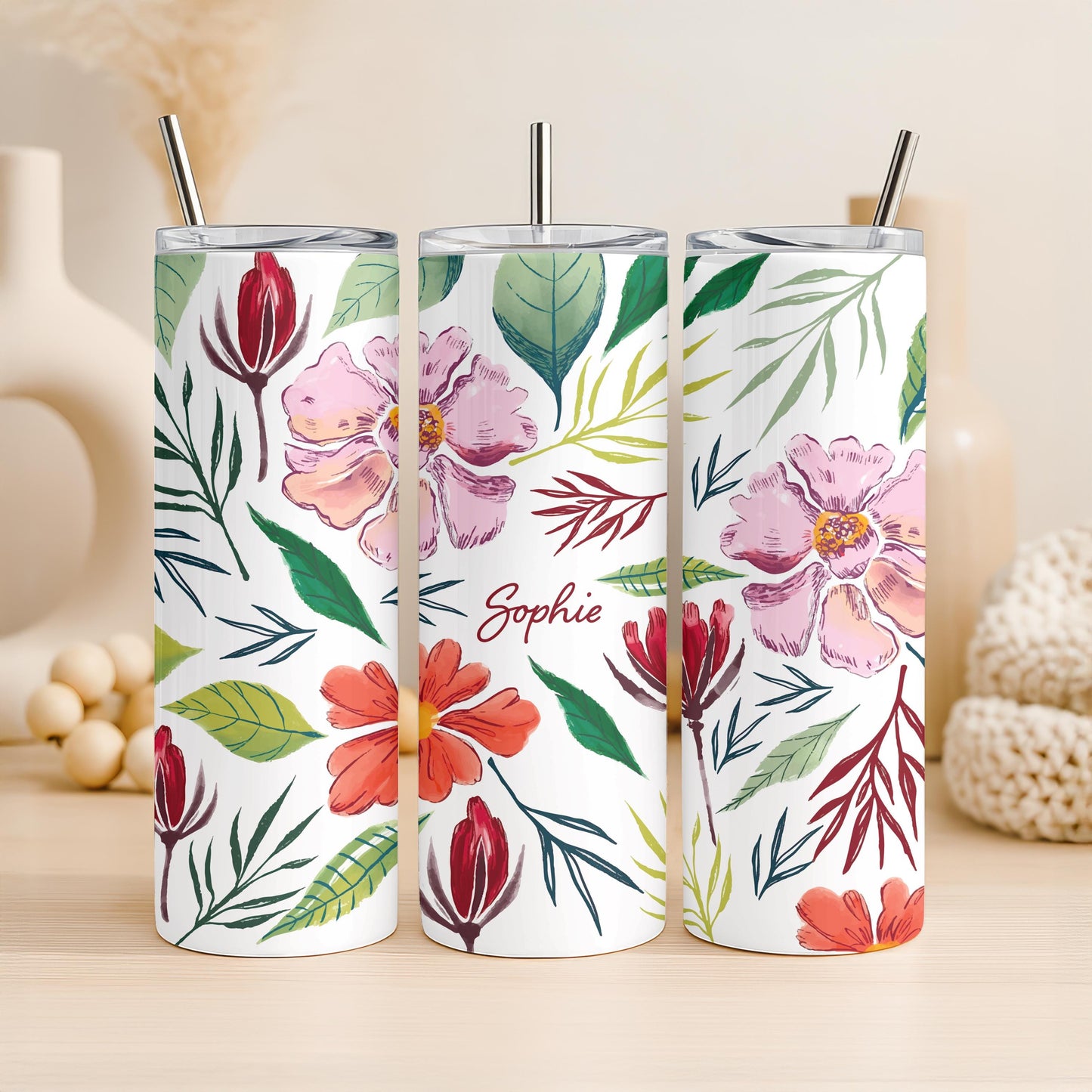 Personalized Wildflower Tumbler, Custom Watercolor Flower 20oz Skinny Tumbler, Aesthetic Floral Gift for Her, Spring Travel Cup
