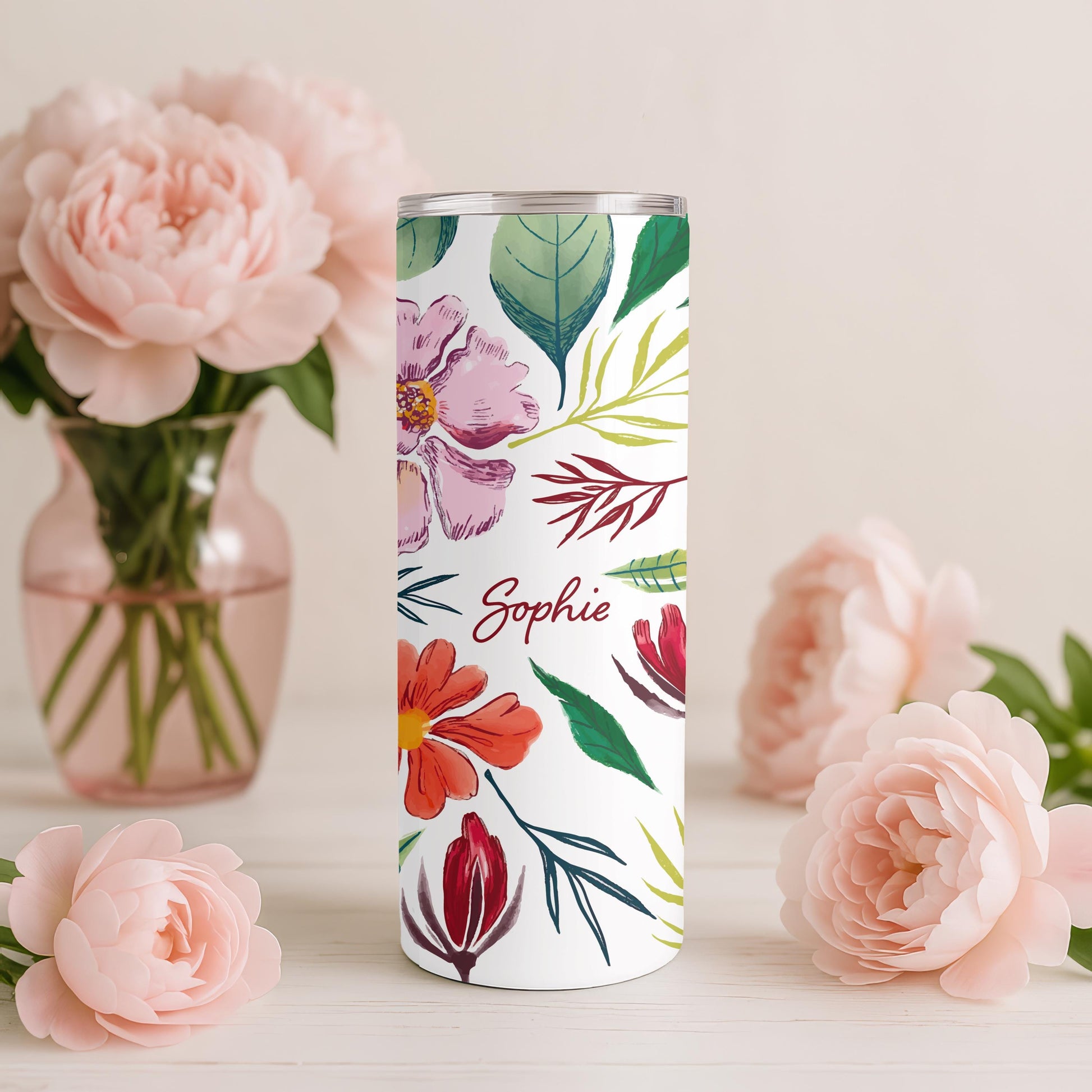 Personalized Wildflower Tumbler, Custom Watercolor Flower 20oz Skinny Tumbler, Aesthetic Floral Gift for Her, Spring Travel Cup