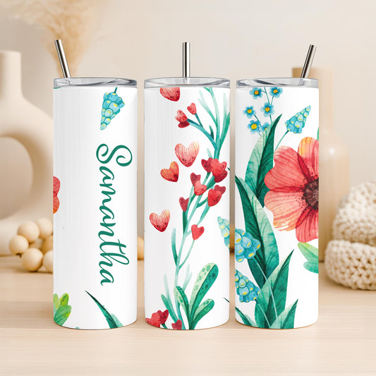 Personalized Watercolor Floral Tumbler, Custom Heart Flower 20oz Skinny Tumbler, Aesthetic Botanical Gift for Her