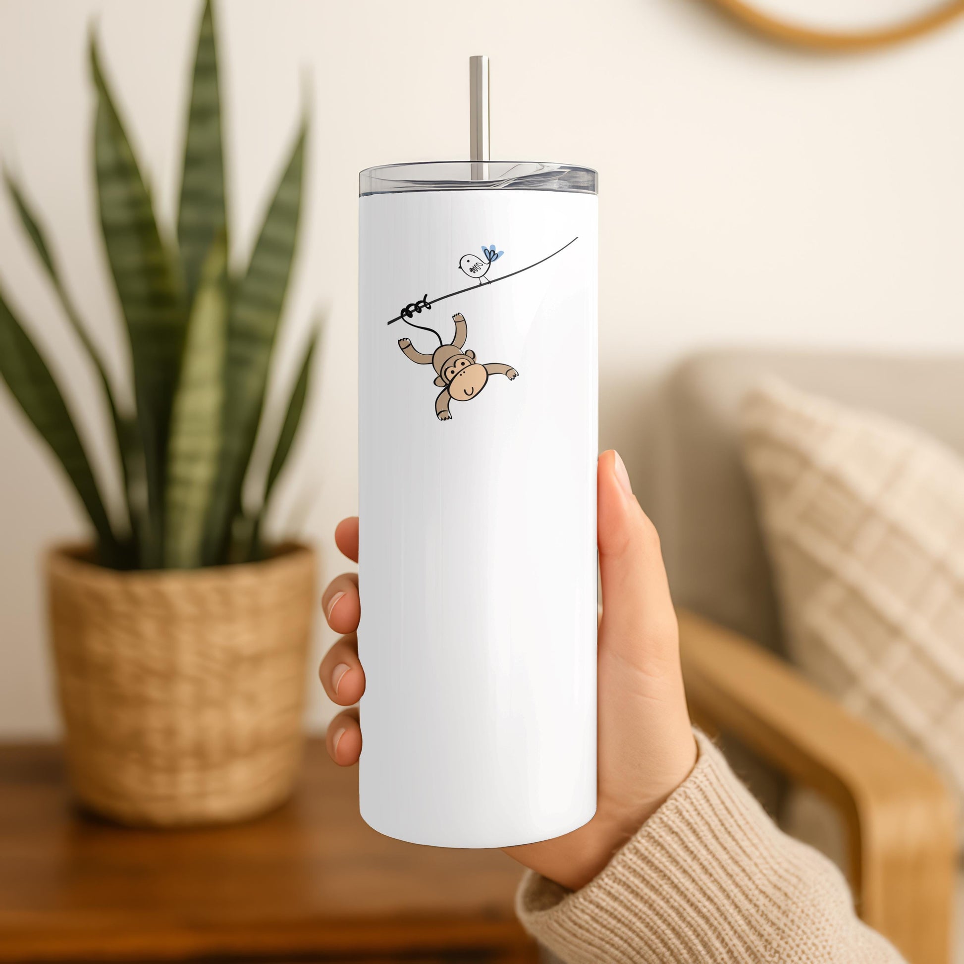 Personalized Baby Tumbler with Name, Custom Monkey 20oz Skinny Tumbler, New Baby Boy Gift, Cute Nursery Travel Cup