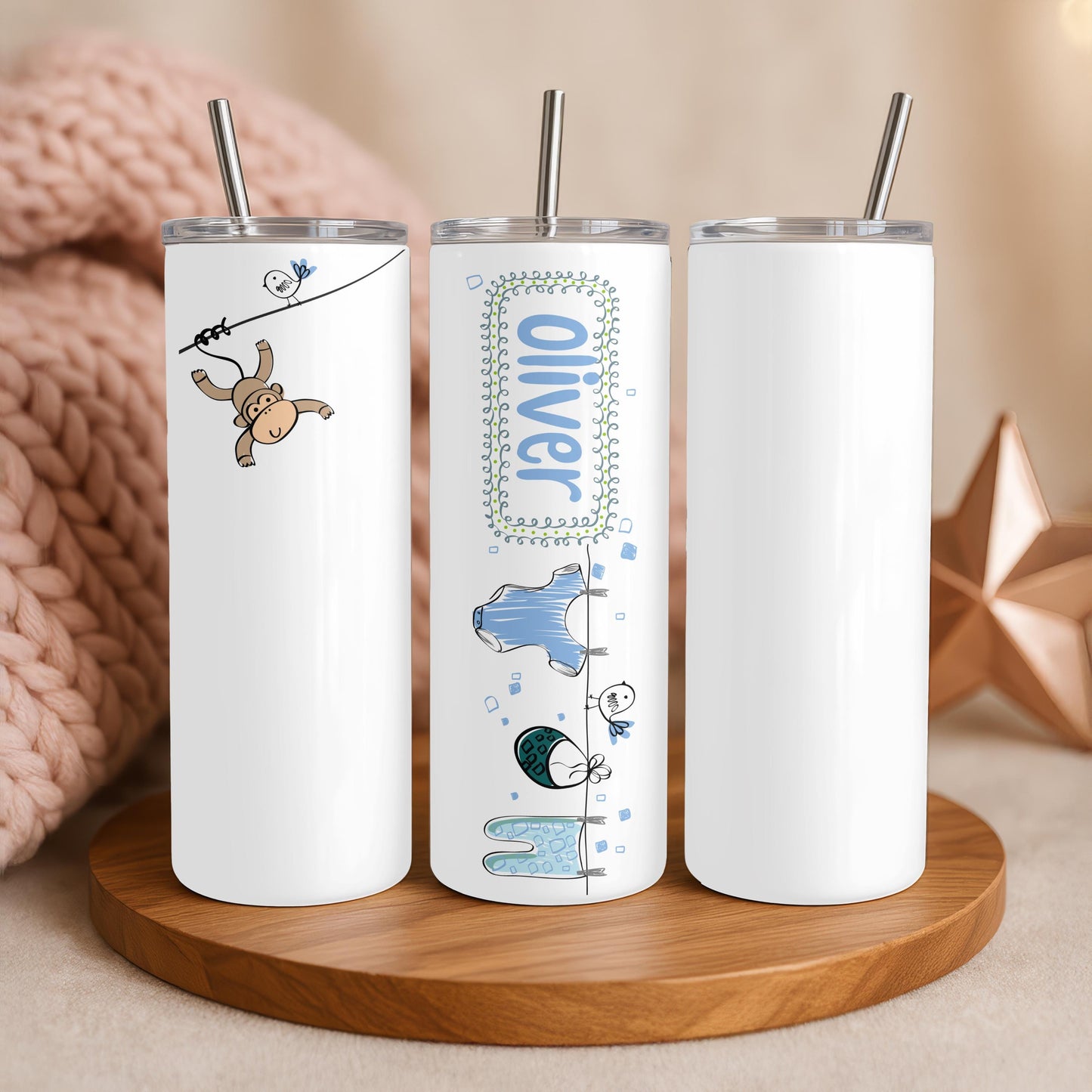 Personalized Baby Tumbler with Name, Custom Monkey 20oz Skinny Tumbler, New Baby Boy Gift, Cute Nursery Travel Cup