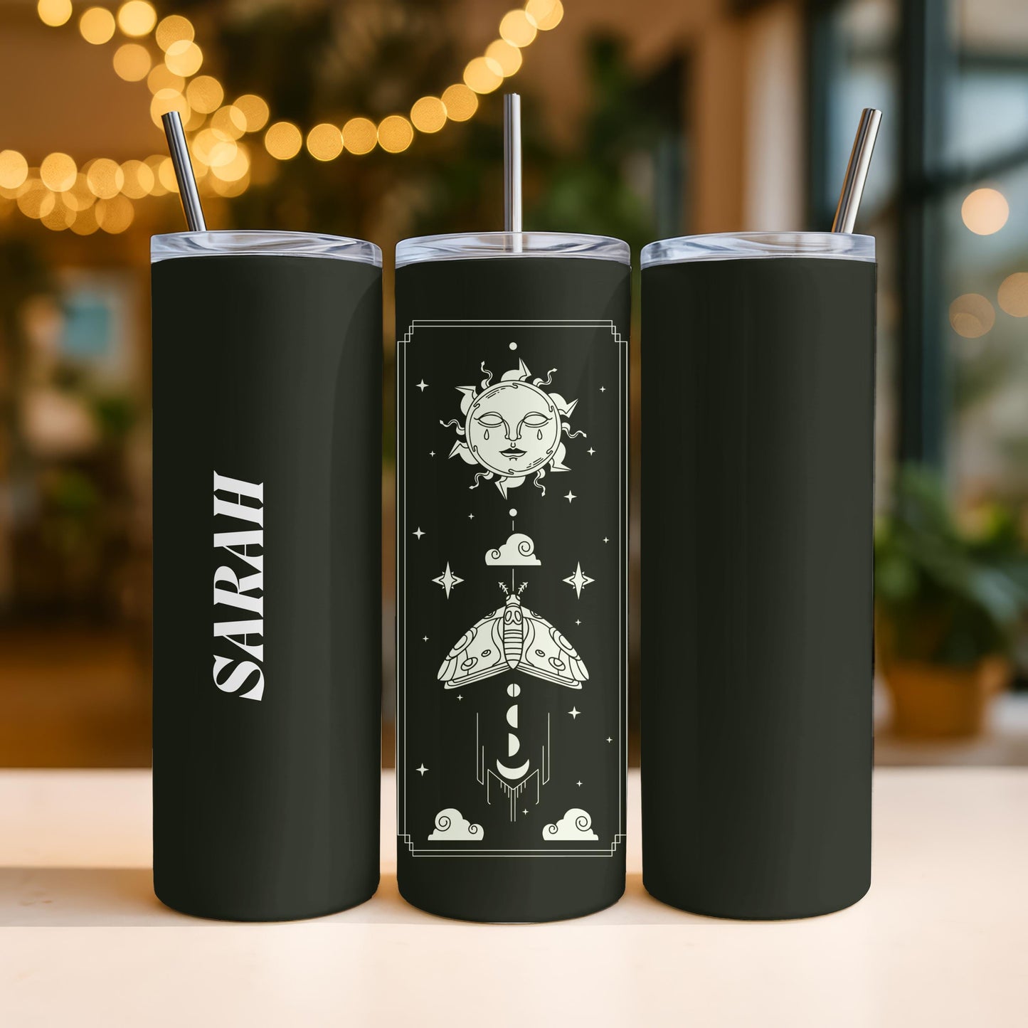 Personalized Celestial Tumbler, Mystical Moth 20oz Skinny Tumbler, Custom Witchy Gift for Her