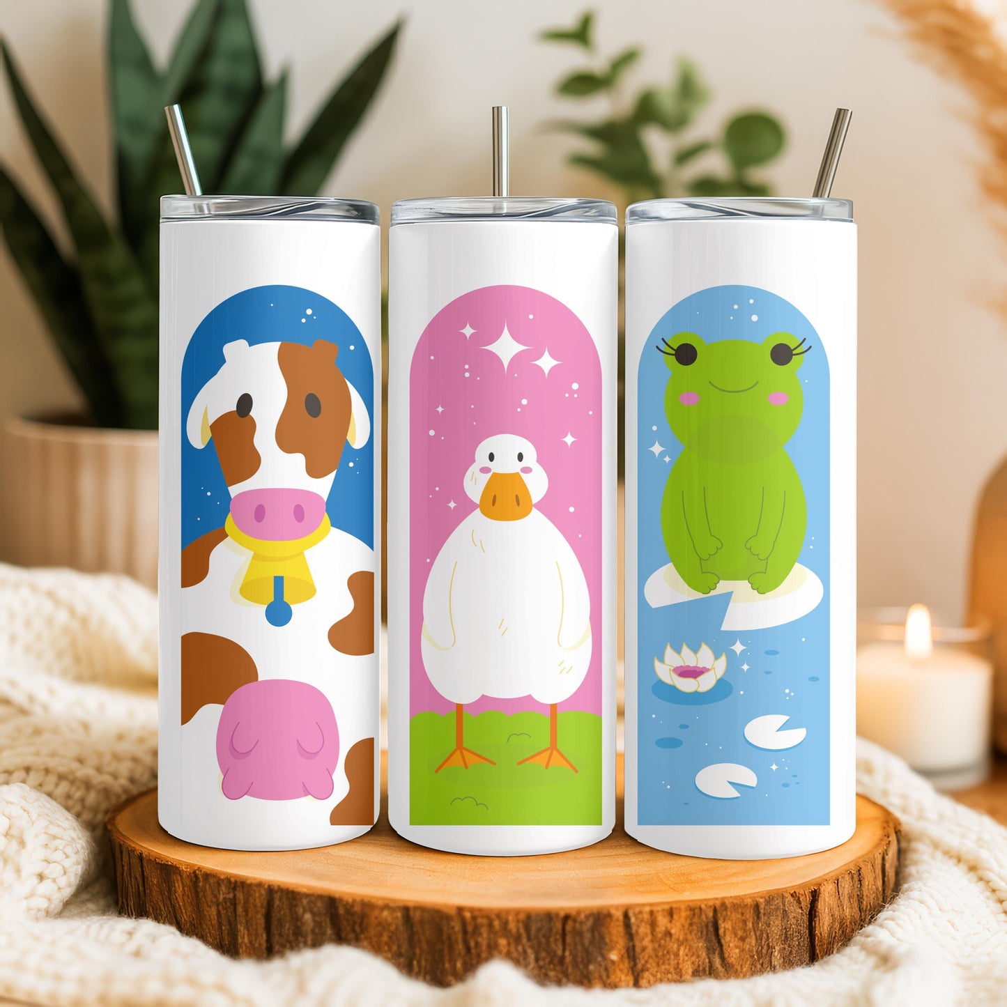 Kawaii Farm Animal Tumbler, Cute Cow Duck Frog 20oz Skinny Tumbler, Aesthetic Cottagecore Gift, Pastel Animal Travel Cup
