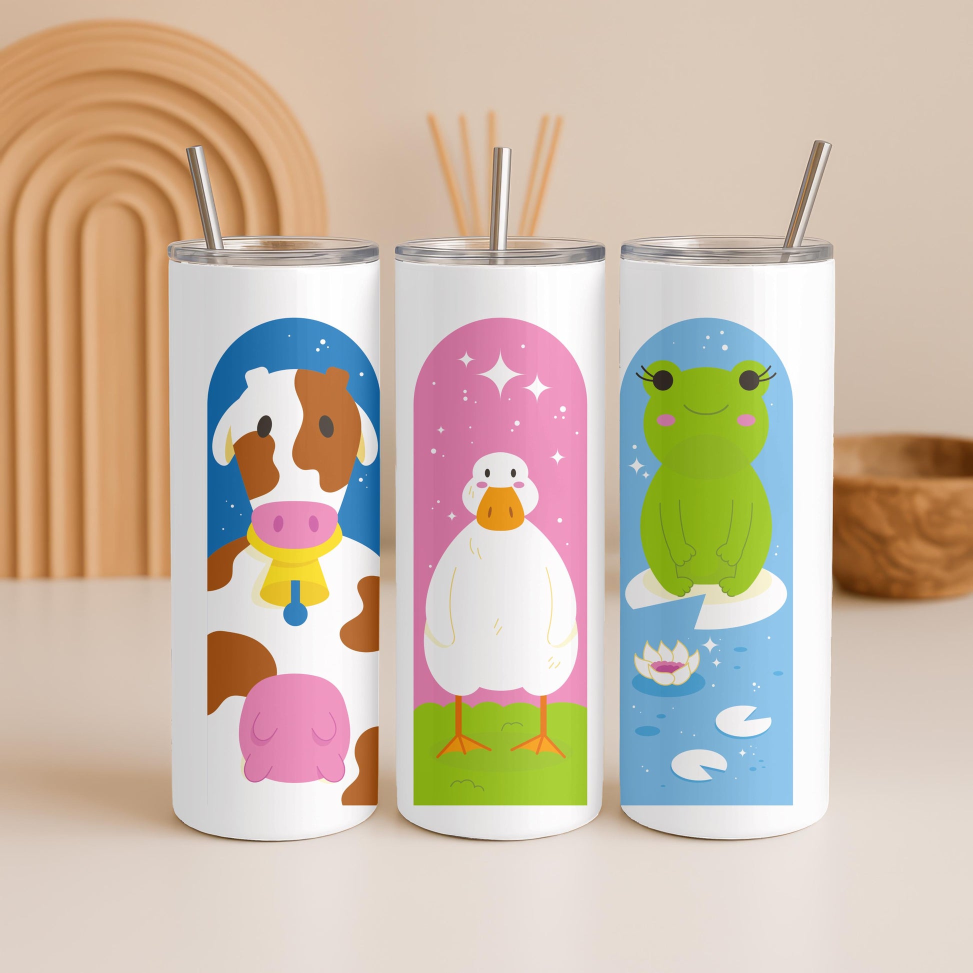 Kawaii Farm Animal Tumbler, Cute Cow Duck Frog 20oz Skinny Tumbler, Aesthetic Cottagecore Gift, Pastel Animal Travel Cup