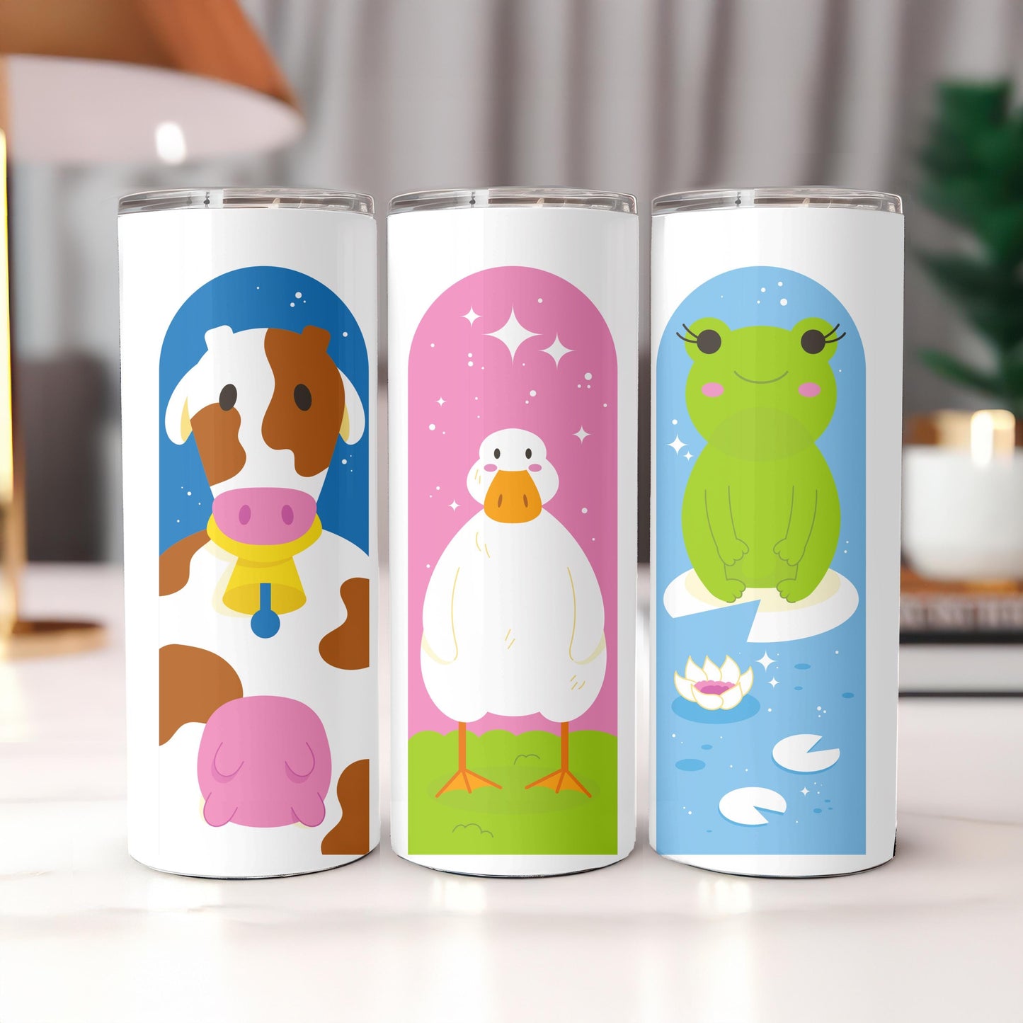 Kawaii Farm Animal Tumbler, Cute Cow Duck Frog 20oz Skinny Tumbler, Aesthetic Cottagecore Gift, Pastel Animal Travel Cup