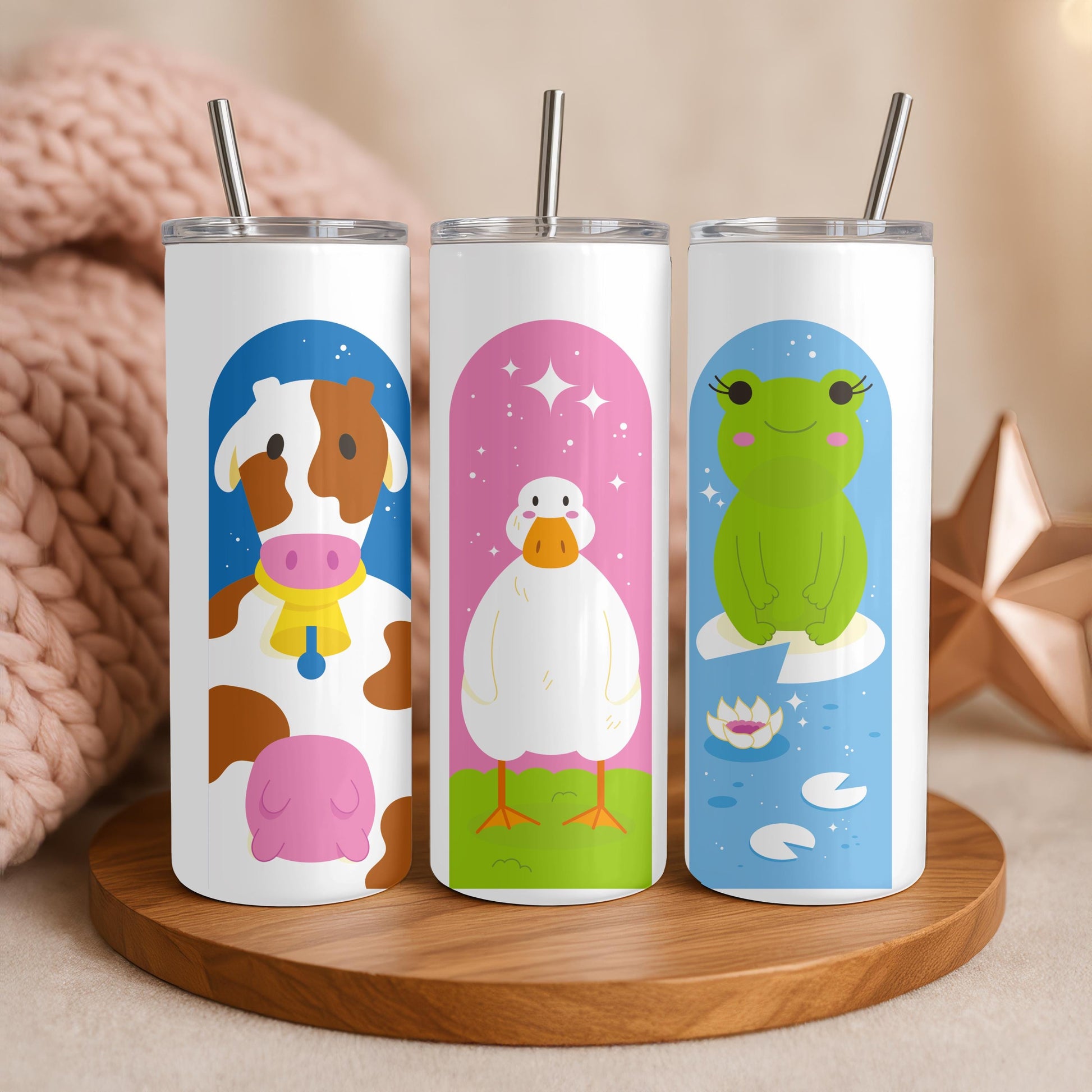 Kawaii Farm Animal Tumbler, Cute Cow Duck Frog 20oz Skinny Tumbler, Aesthetic Cottagecore Gift, Pastel Animal Travel Cup