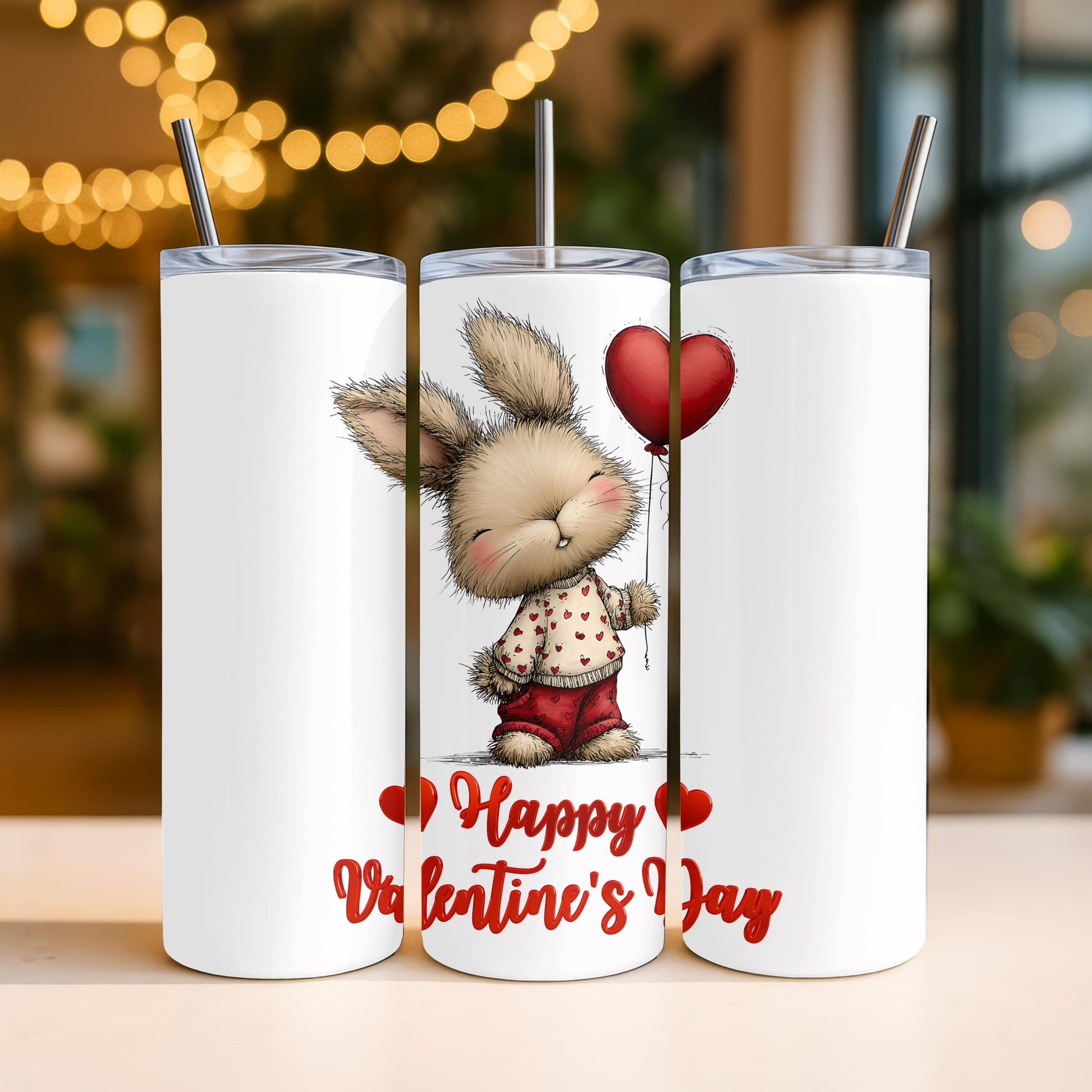 Happy Valentine's Day Tumbler, Cute Bunny 20oz Skinny Tumbler, Romantic Holiday Gift for Her, Aesthetic Rabbit Travel Cup
