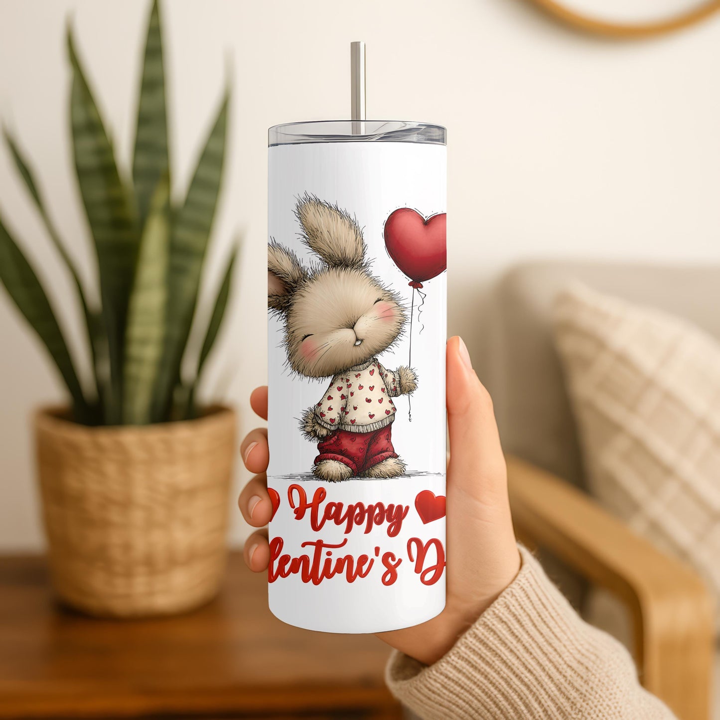 Happy Valentine's Day Tumbler, Cute Bunny 20oz Skinny Tumbler, Romantic Holiday Gift for Her, Aesthetic Rabbit Travel Cup