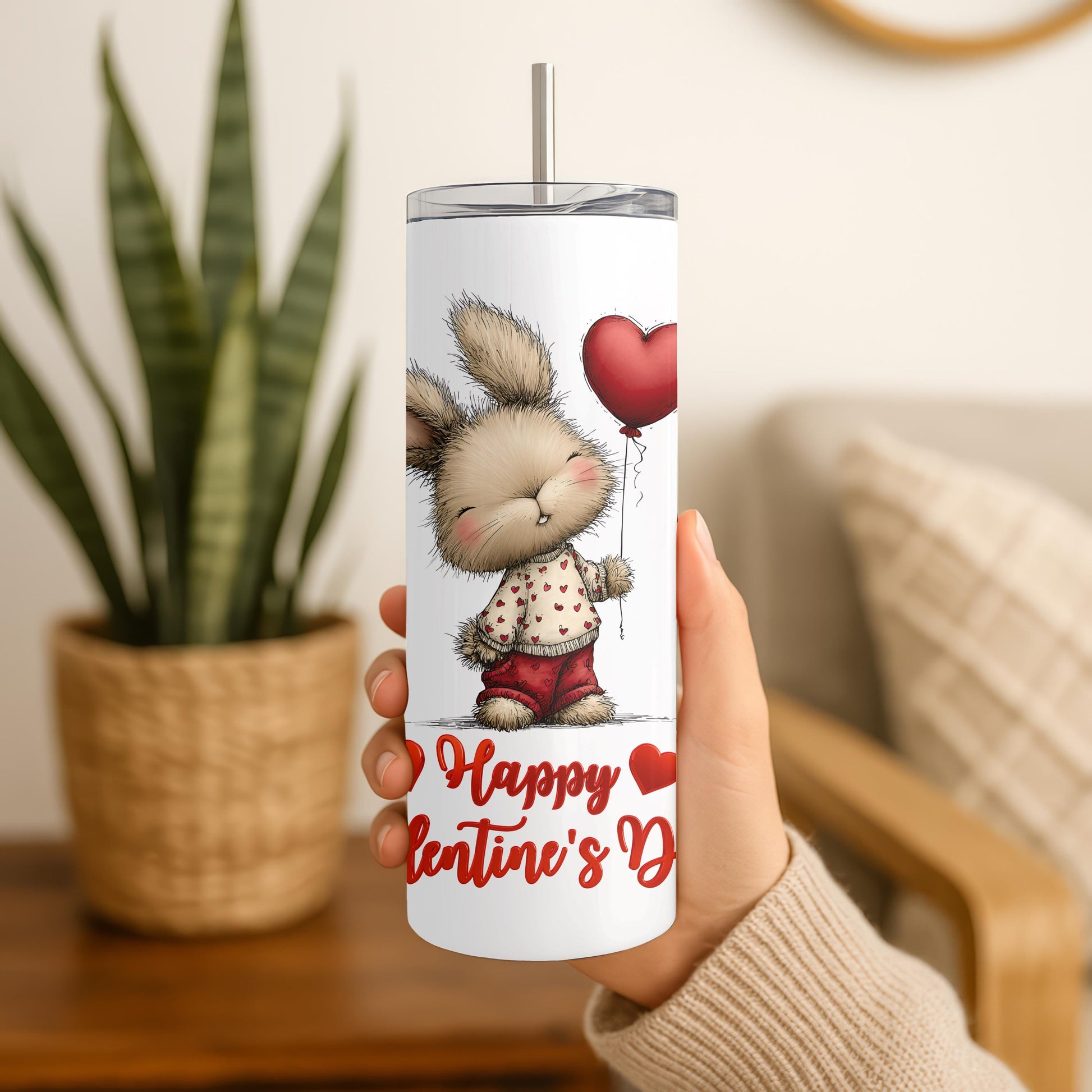 Happy Valentine's Day Tumbler, Cute Bunny 20oz Skinny Tumbler, Romantic Holiday Gift for Her, Aesthetic Rabbit Travel Cup
