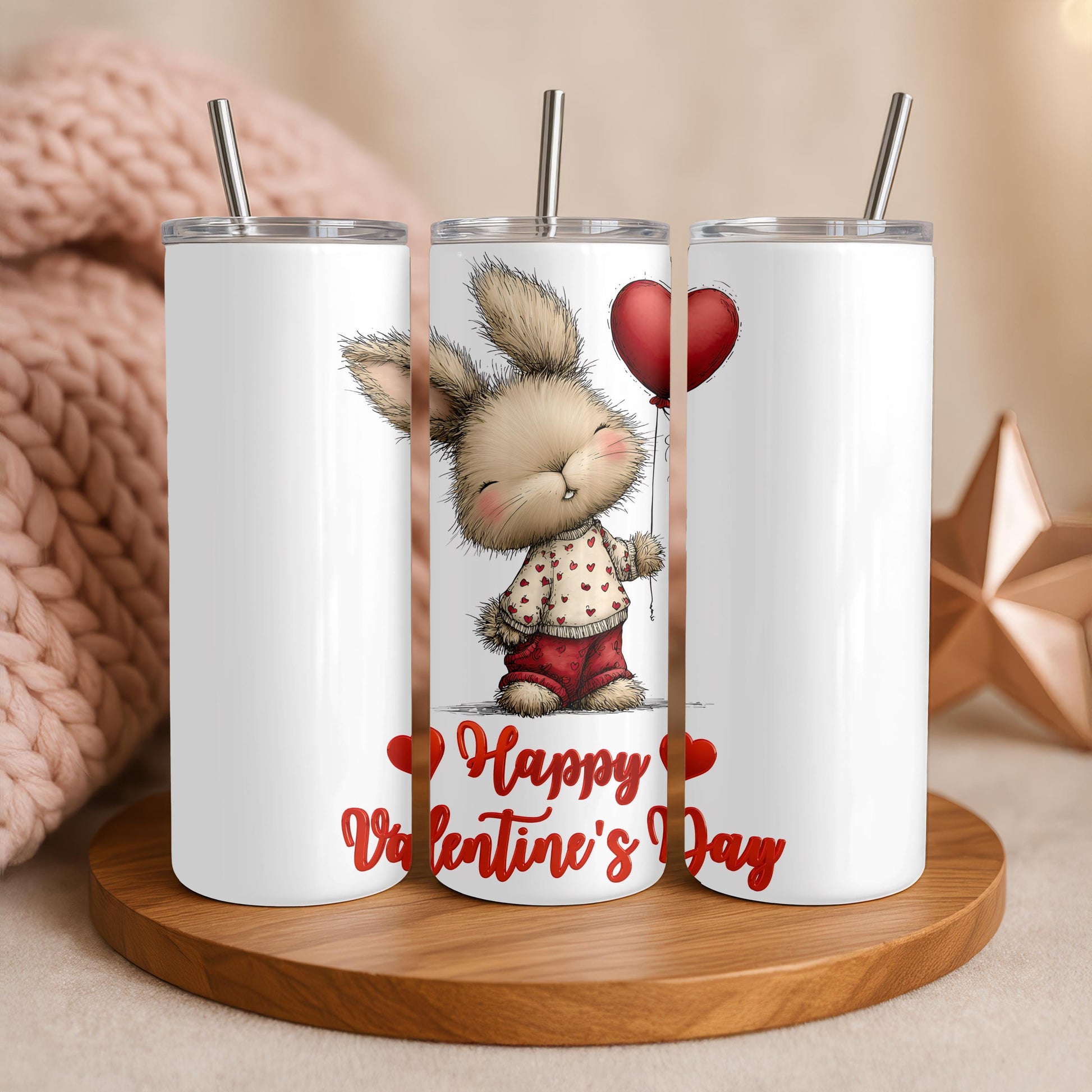 Happy Valentine's Day Tumbler, Cute Bunny 20oz Skinny Tumbler, Romantic Holiday Gift for Her, Aesthetic Rabbit Travel Cup