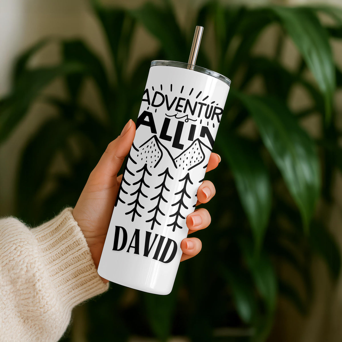 Personalized Adventure is Calling Tumbler, Custom Mountain 20oz Skinny Tumbler, Outdoor Hiking Gift for Him, Nature Lover Travel Cup