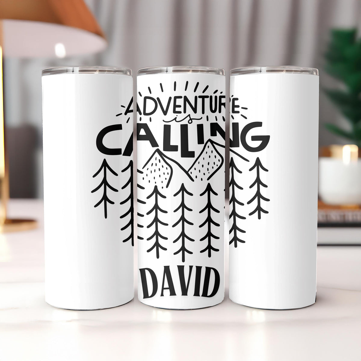 Personalized Adventure is Calling Tumbler, Custom Mountain 20oz Skinny Tumbler, Outdoor Hiking Gift for Him, Nature Lover Travel Cup