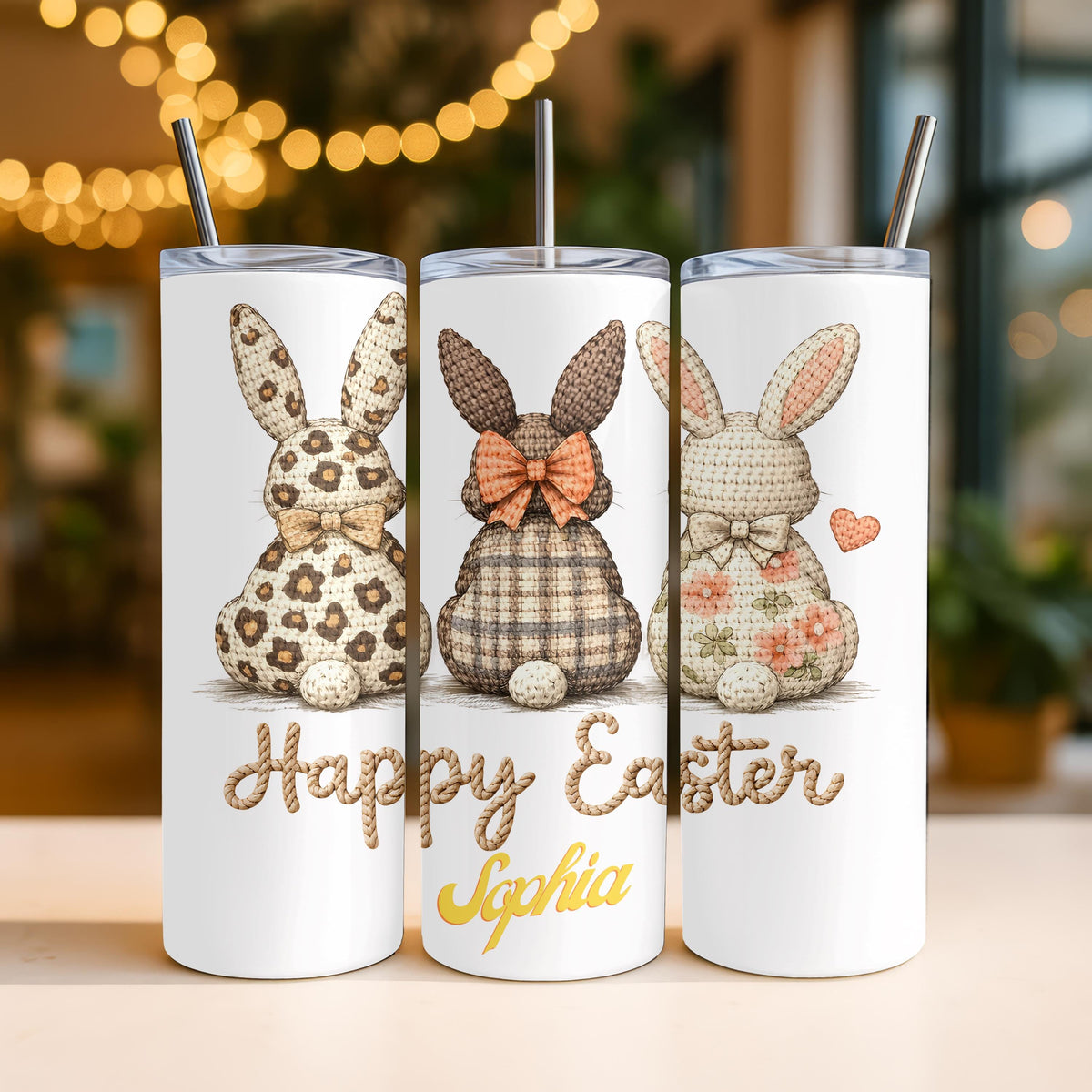 Personalized Easter Bunny Tumbler: Custom Name 20oz Skinny Tumbler, Crochet Bunny Travel Mug, Easter Gift for Kids