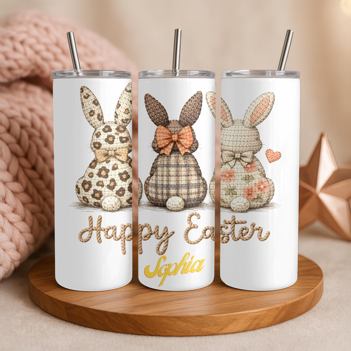 Personalized Easter Bunny Tumbler: Custom Name 20oz Skinny Tumbler, Crochet Bunny Travel Mug, Easter Gift for Kids