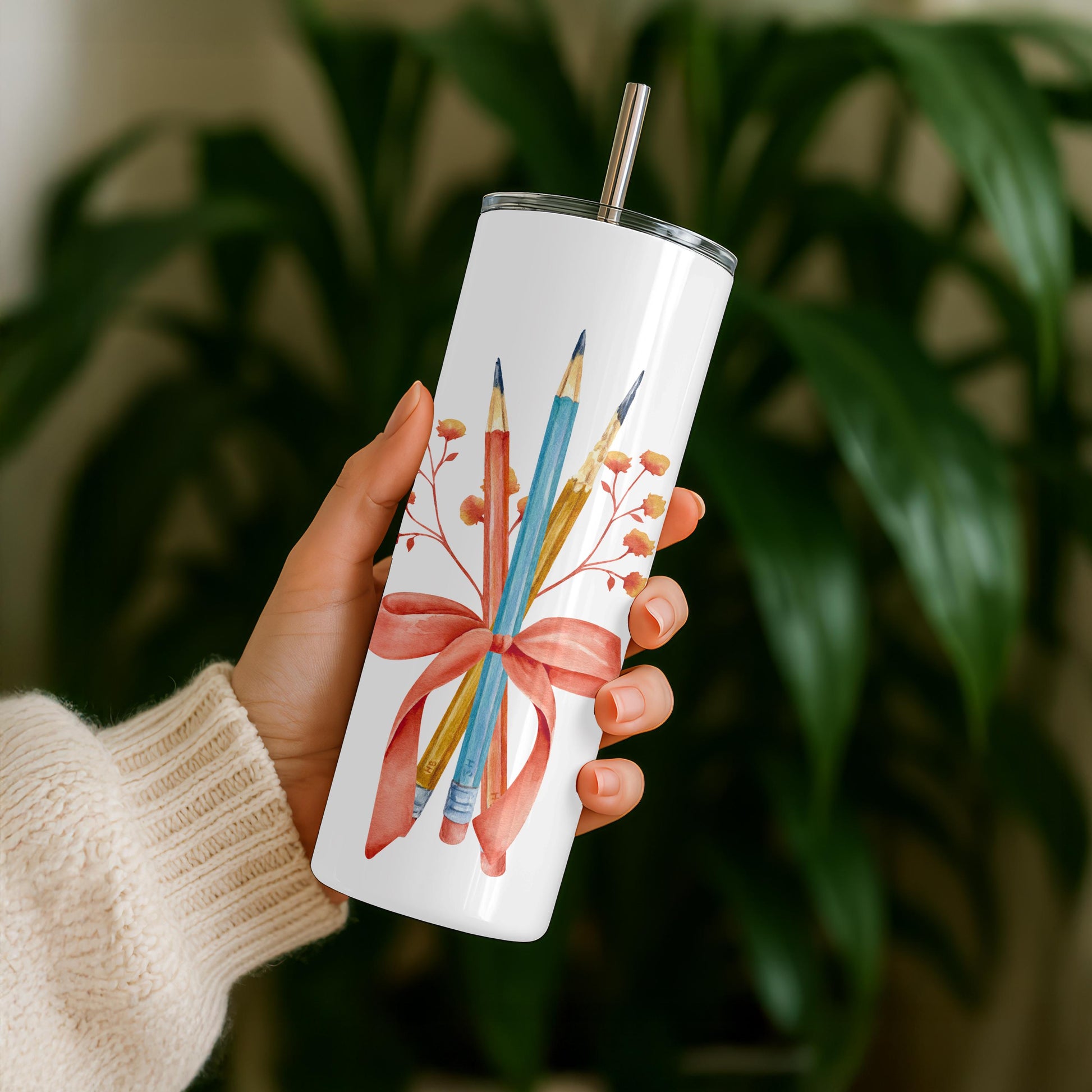 Personalized Teacher Tumbler 20oz Skinny Tumbler: Watercolor Pencil Travel Mug, Teacher Appreciation Gift