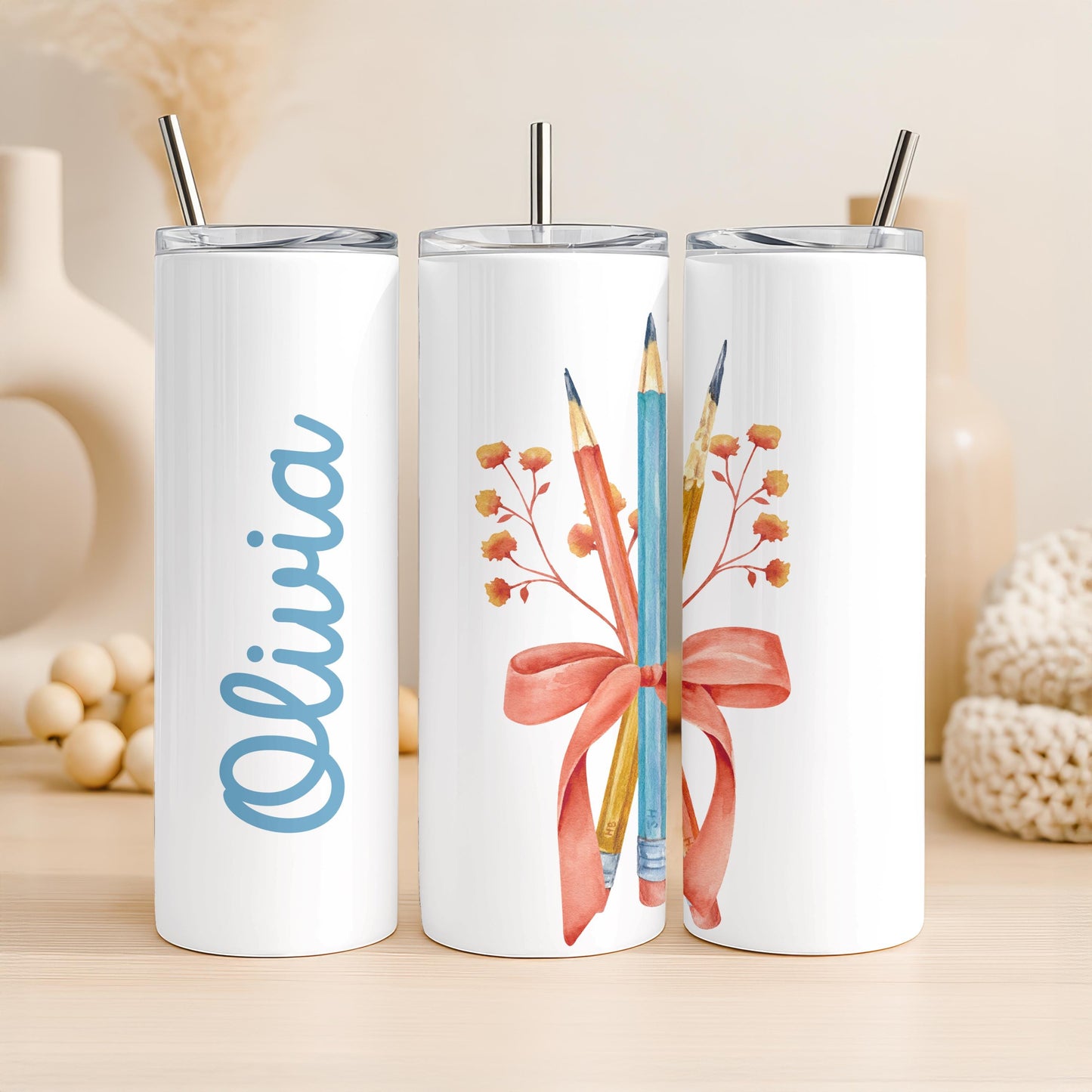 Personalized Teacher Tumbler 20oz Skinny Tumbler: Watercolor Pencil Travel Mug, Teacher Appreciation Gift