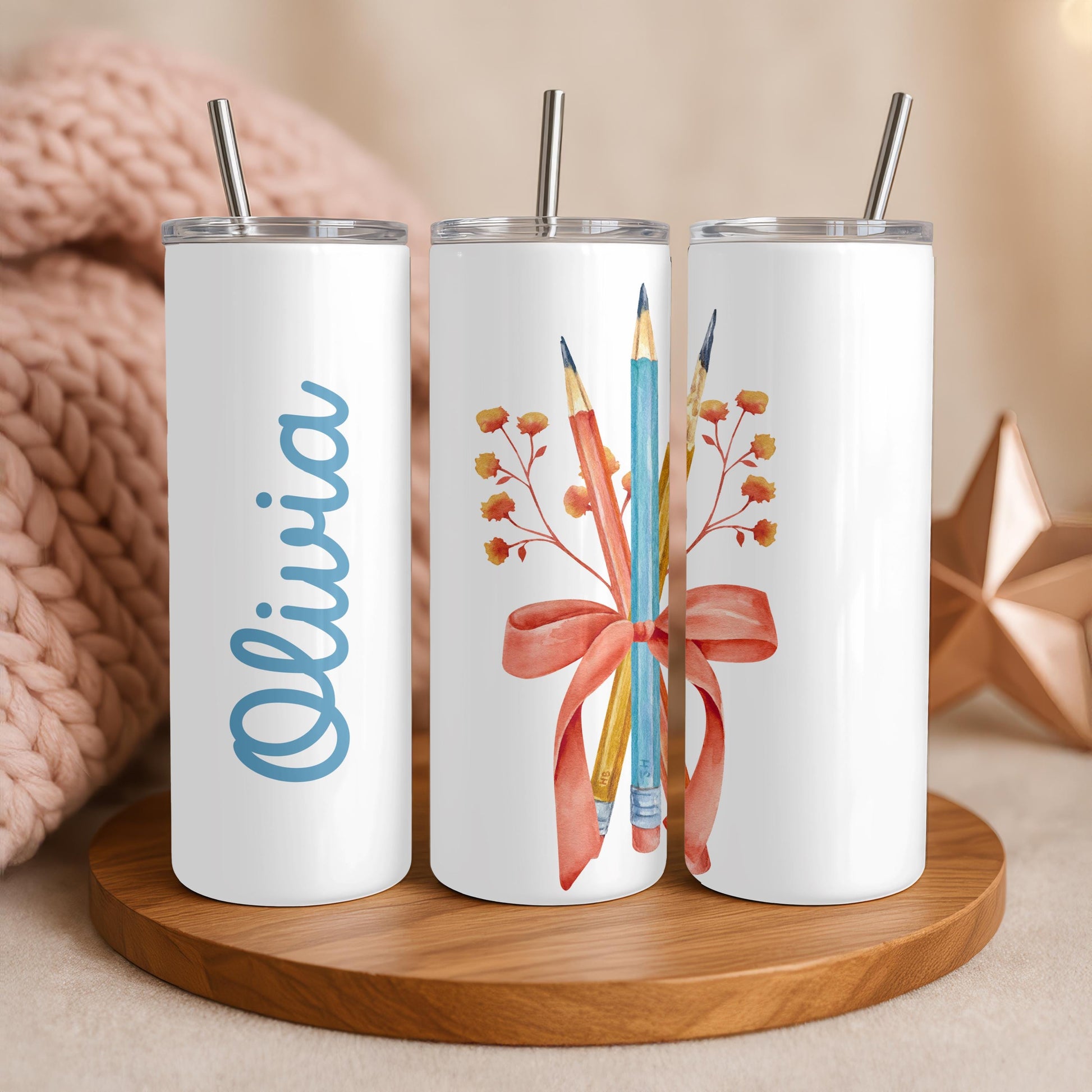 Personalized Teacher Tumbler 20oz Skinny Tumbler: Watercolor Pencil Travel Mug, Teacher Appreciation Gift