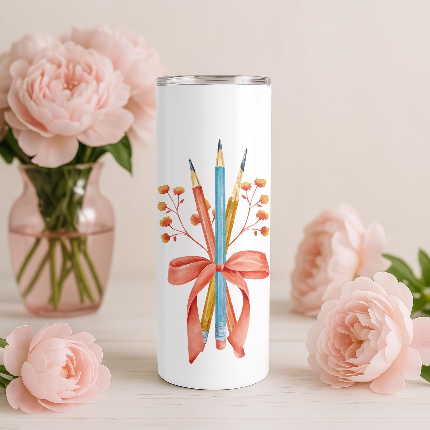 Personalized Teacher Tumbler 20oz Skinny Tumbler: Watercolor Pencil Travel Mug, Teacher Appreciation Gift