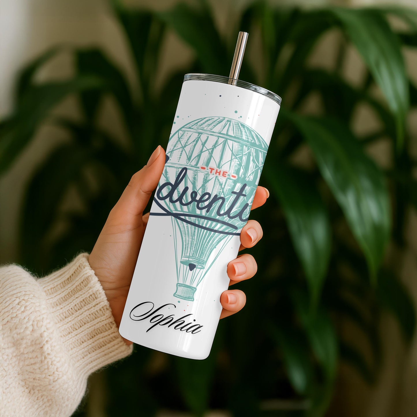 Personalized Adventure Tumbler: Custom Name 20oz Skinny Tumbler, Hot Air Balloon Travel Mug, Wanderlust Gift, Adventure Awaits Cup