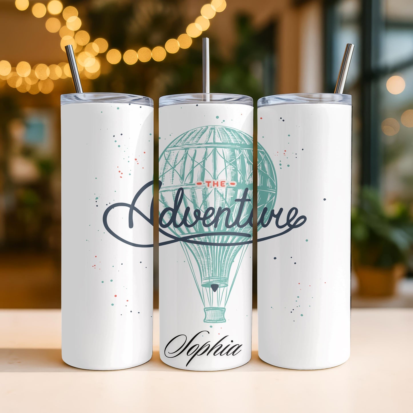 Personalized Adventure Tumbler: Custom Name 20oz Skinny Tumbler, Hot Air Balloon Travel Mug, Wanderlust Gift, Adventure Awaits Cup