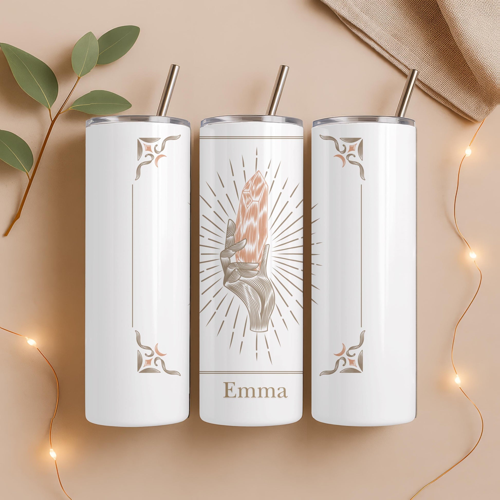 Personalized Crystal Tumbler: Custom Name 20oz Skinny Tumbler, Boho Witchy Gift, Spiritual Manifestation Cup
