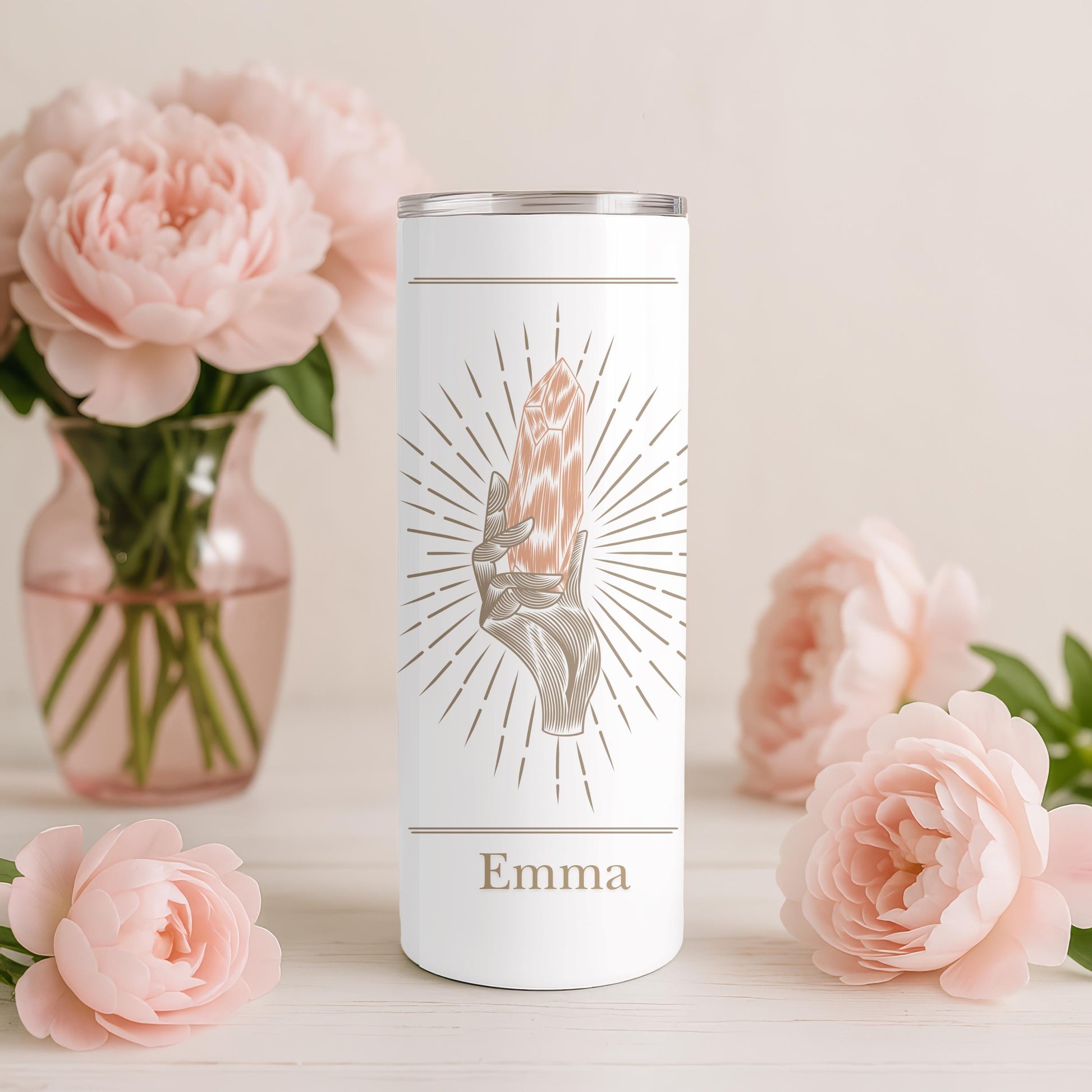 Personalized Crystal Tumbler: Custom Name 20oz Skinny Tumbler, Boho Witchy Gift, Spiritual Manifestation Cup