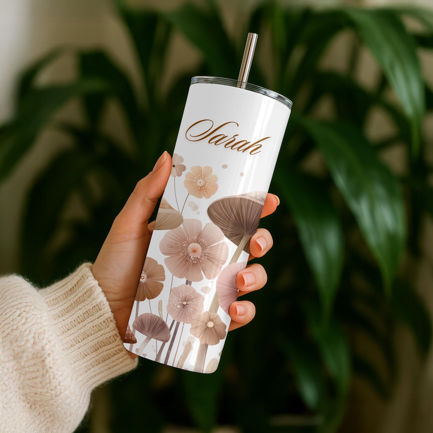 Personalized Mushroom Tumbler: Custom Name 20oz Skinny Tumbler, Boho Cottagecore Floral Travel Mug