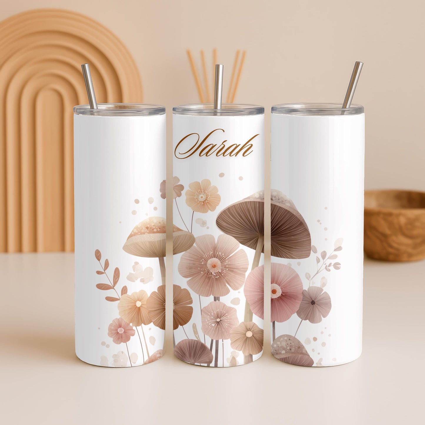 Personalized Mushroom Tumbler: Custom Name 20oz Skinny Tumbler, Boho Cottagecore Floral Travel Mug