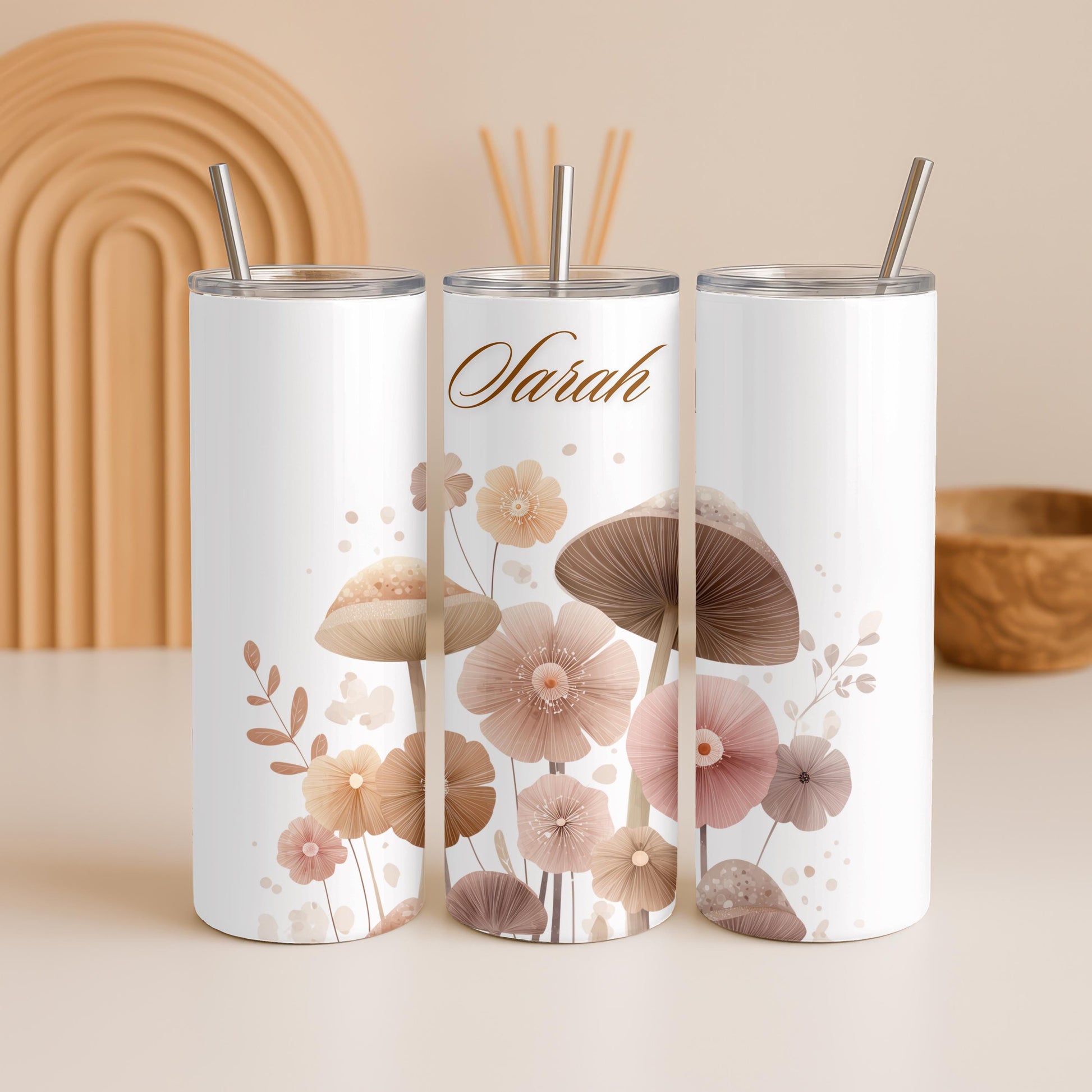 Personalized Mushroom Tumbler: Custom Name 20oz Skinny Tumbler, Boho Cottagecore Floral Travel Mug