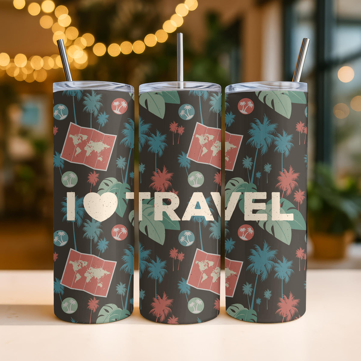 I Love Travel Tumbler: Personalized 20oz Skinny Tumbler, Tropical Palm Tree Travel Mug, Custom Name Vacation Gift