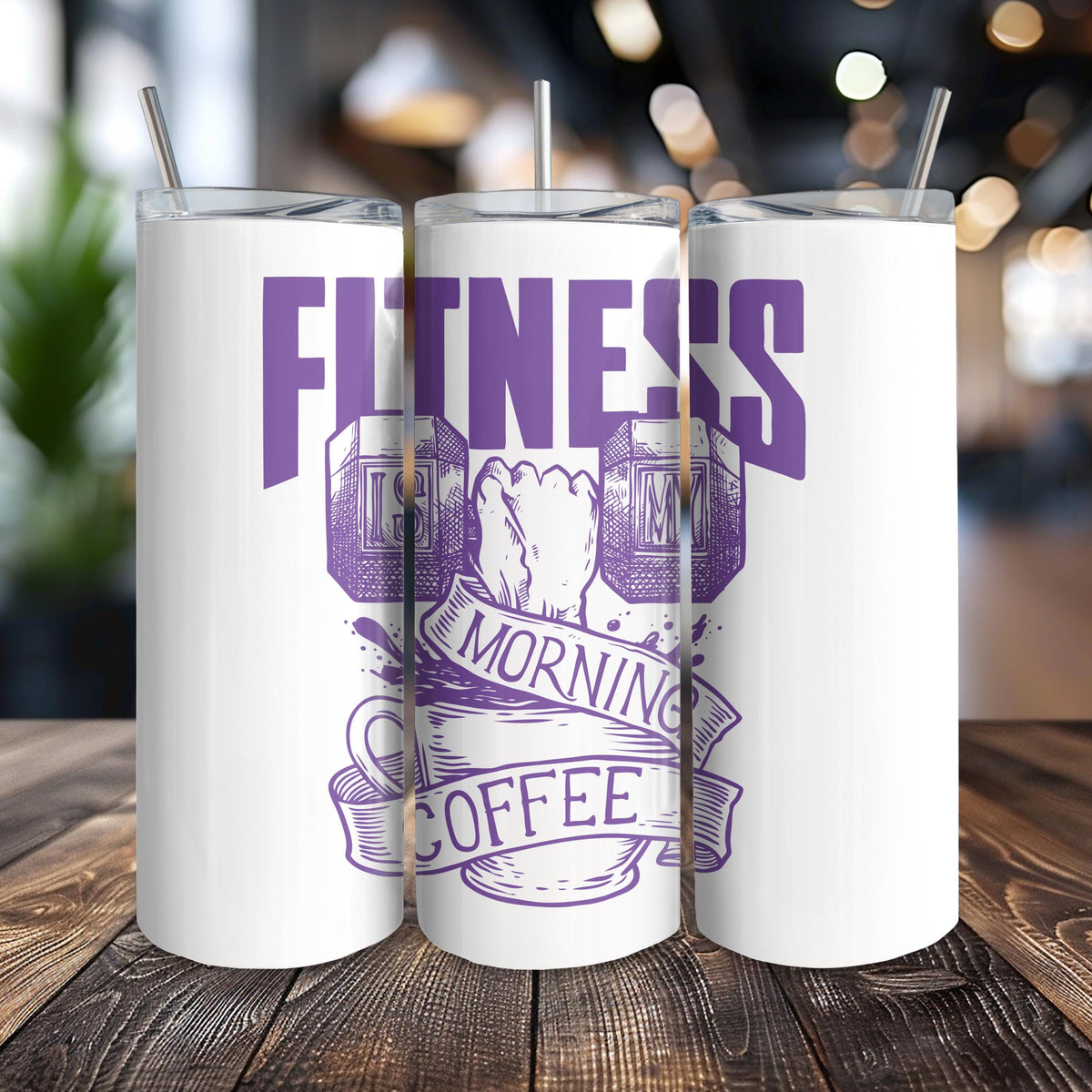Fitness Is My Morning Coffee Tumbler: 20oz Funny Workout Travel Mug, Gym Motivation Gift