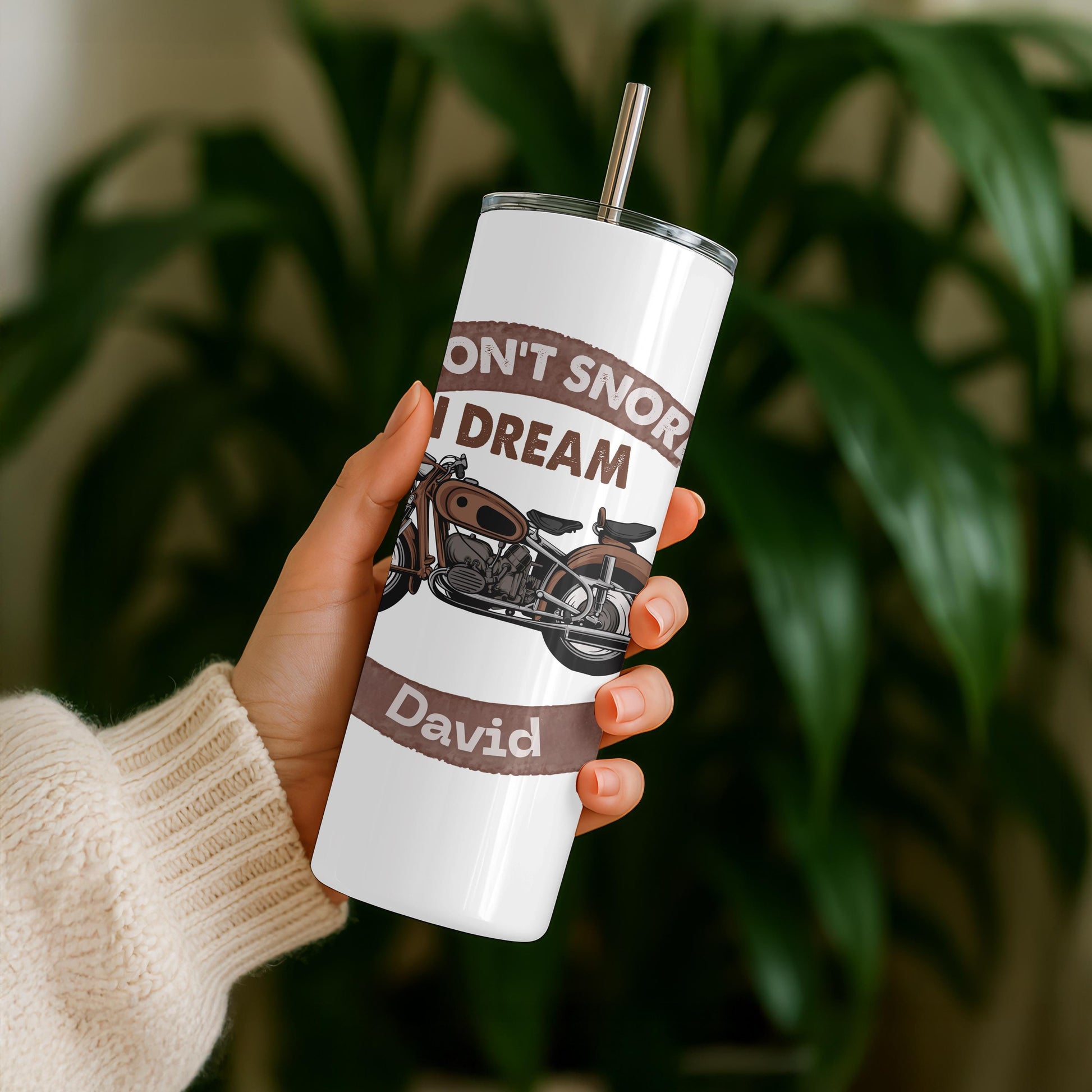Personalized Funny Motorcycle Biker Gift for Men, Custom Name 20oz Skinny Tumbler, I Don't Snore I Dream Vintage Travel Mug