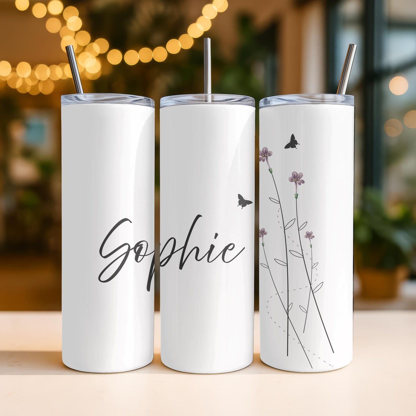 Personalized Floral Tumbler: Custom Name 20oz Skinny Tumbler, Butterfly Wildflower Travel Mug, Minimalist Gift for Her