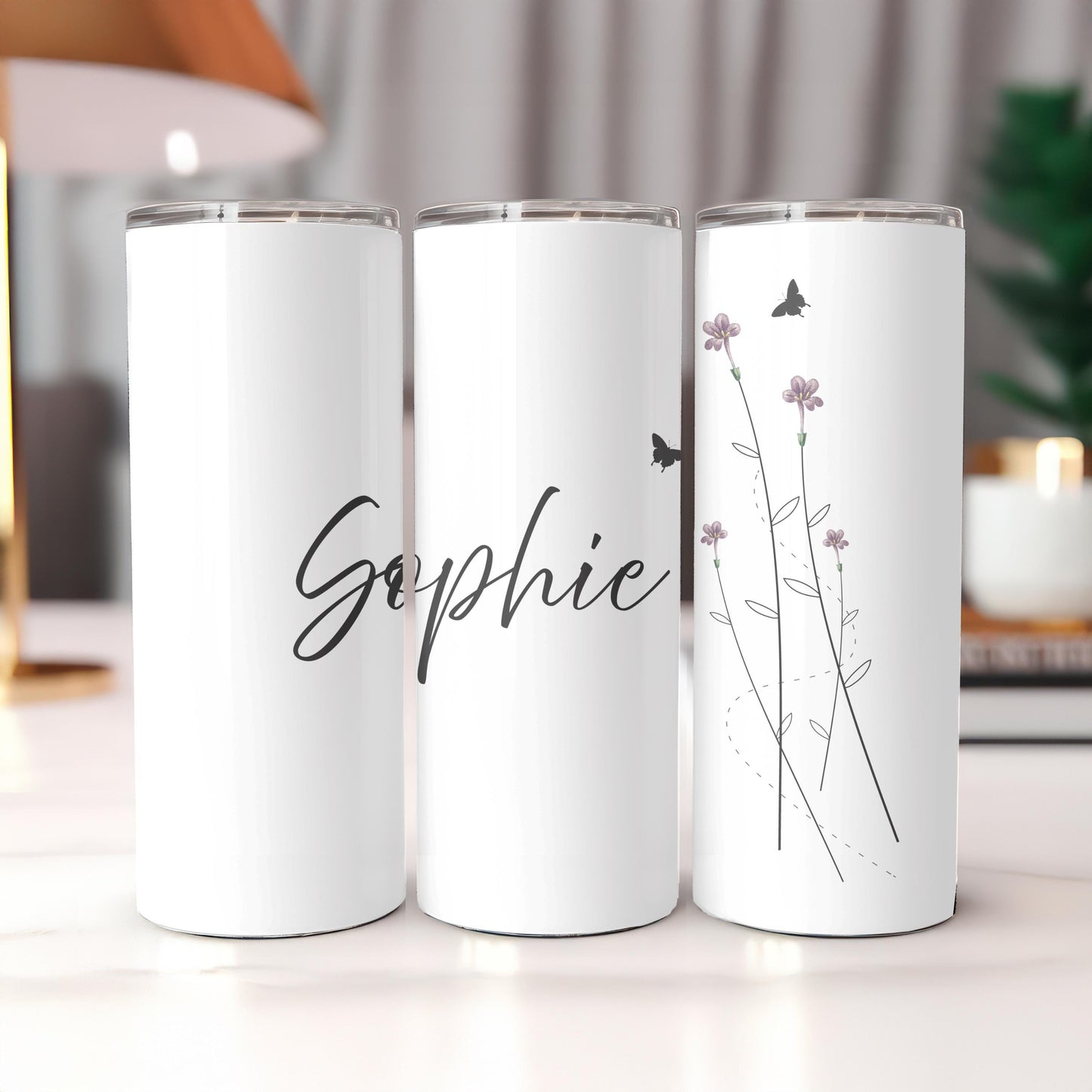 Personalized Floral Tumbler: Custom Name 20oz Skinny Tumbler, Butterfly Wildflower Travel Mug, Minimalist Gift for Her