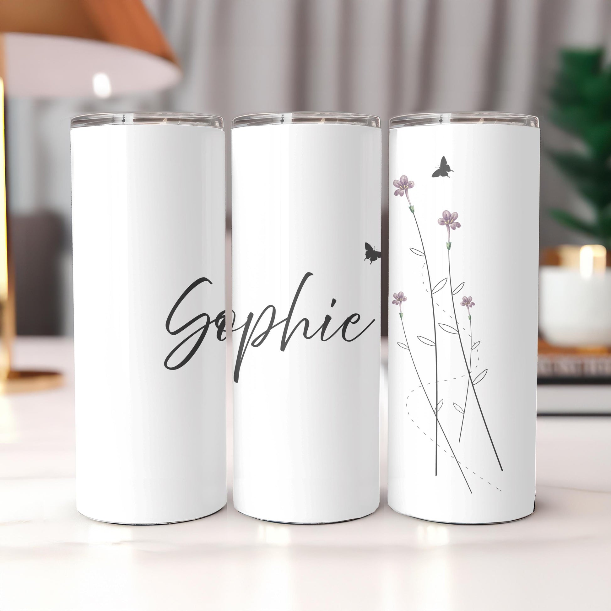 Personalized Floral Tumbler: Custom Name 20oz Skinny Tumbler, Butterfly Wildflower Travel Mug, Minimalist Gift for Her