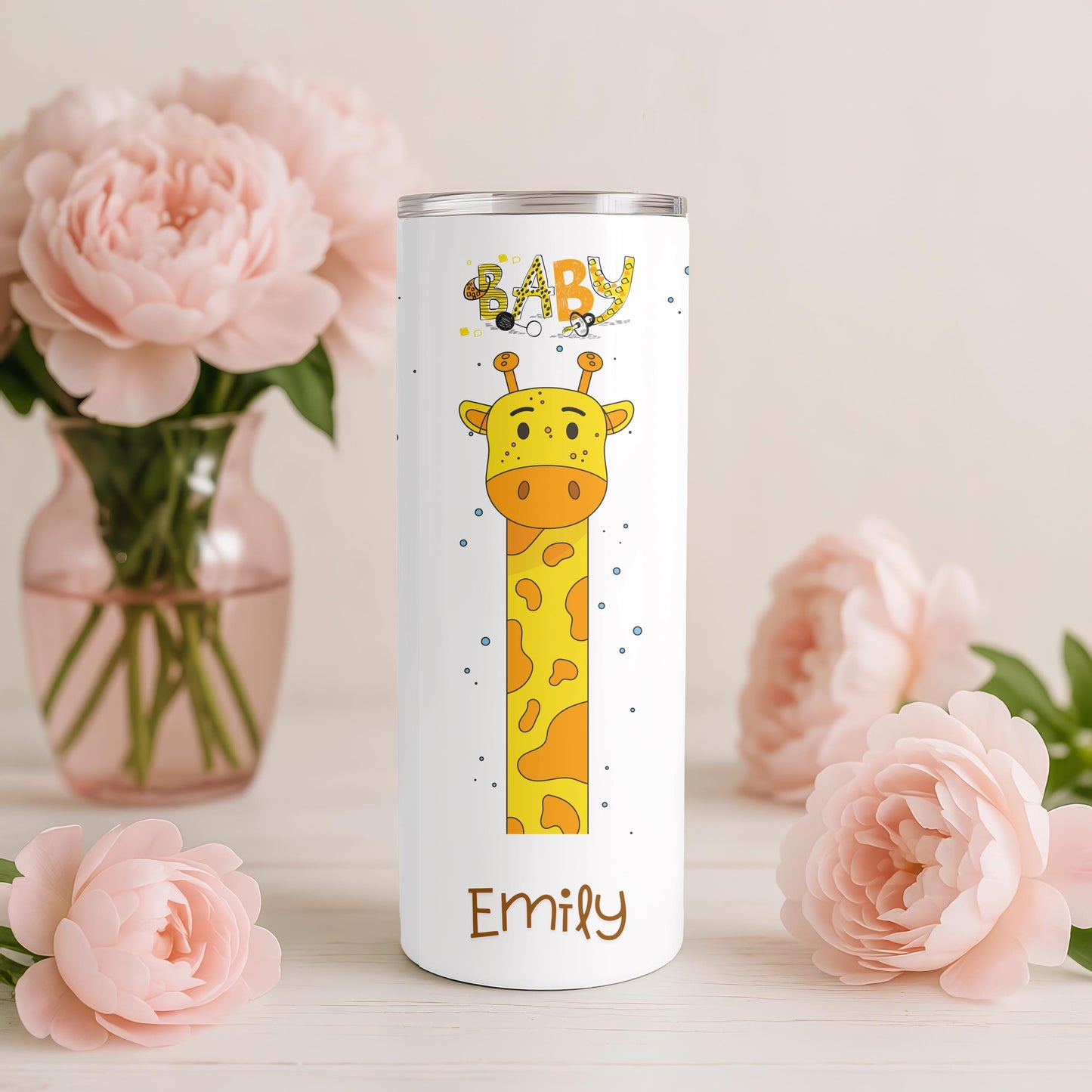 Personalized Giraffe Tumbler: Custom Name 20oz Skinny Tumbler, Cute Animal Nursery Gift, New Mom Baby Shower Mug