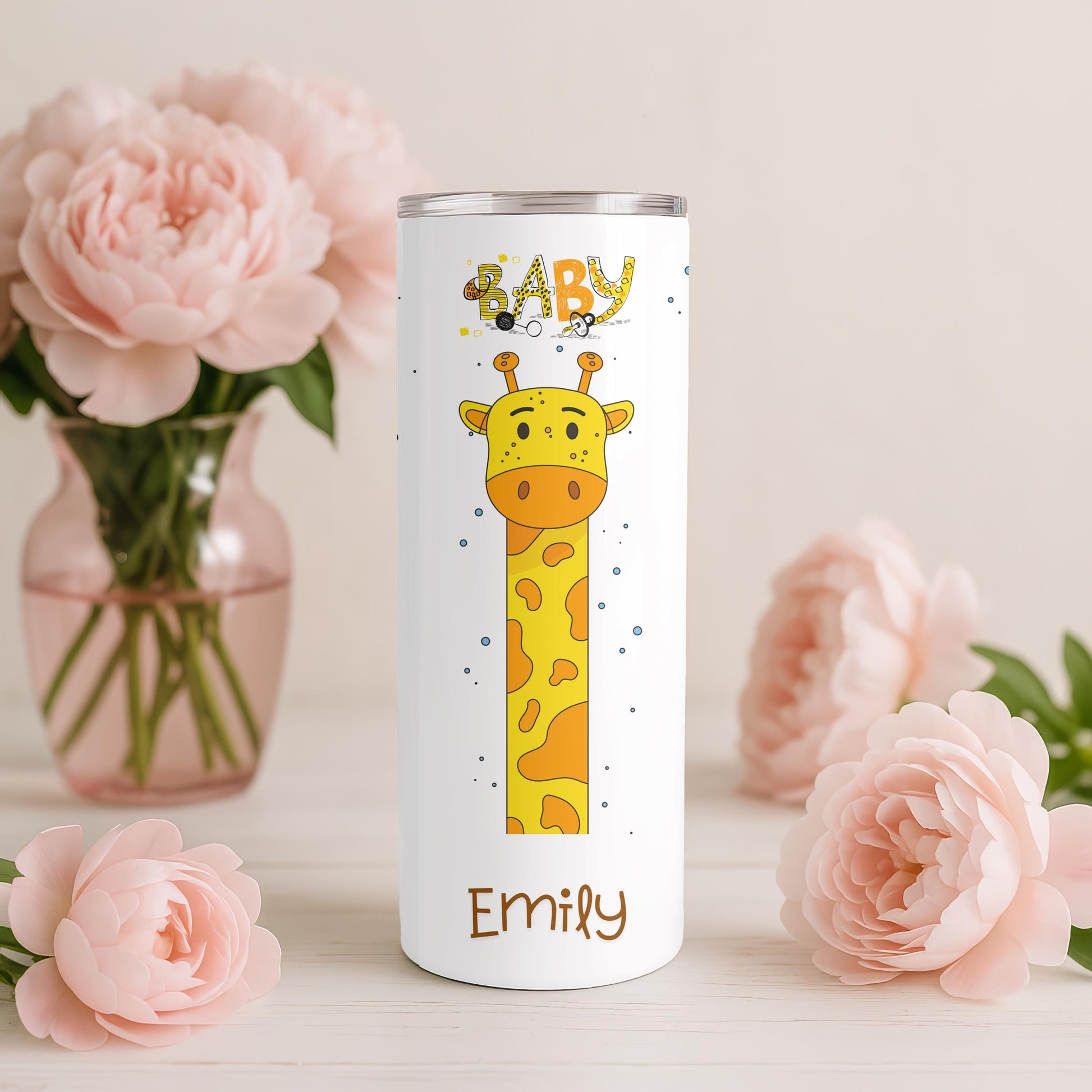 Personalized Giraffe Tumbler: Custom Name 20oz Skinny Tumbler, Cute Animal Nursery Gift, New Mom Baby Shower Mug