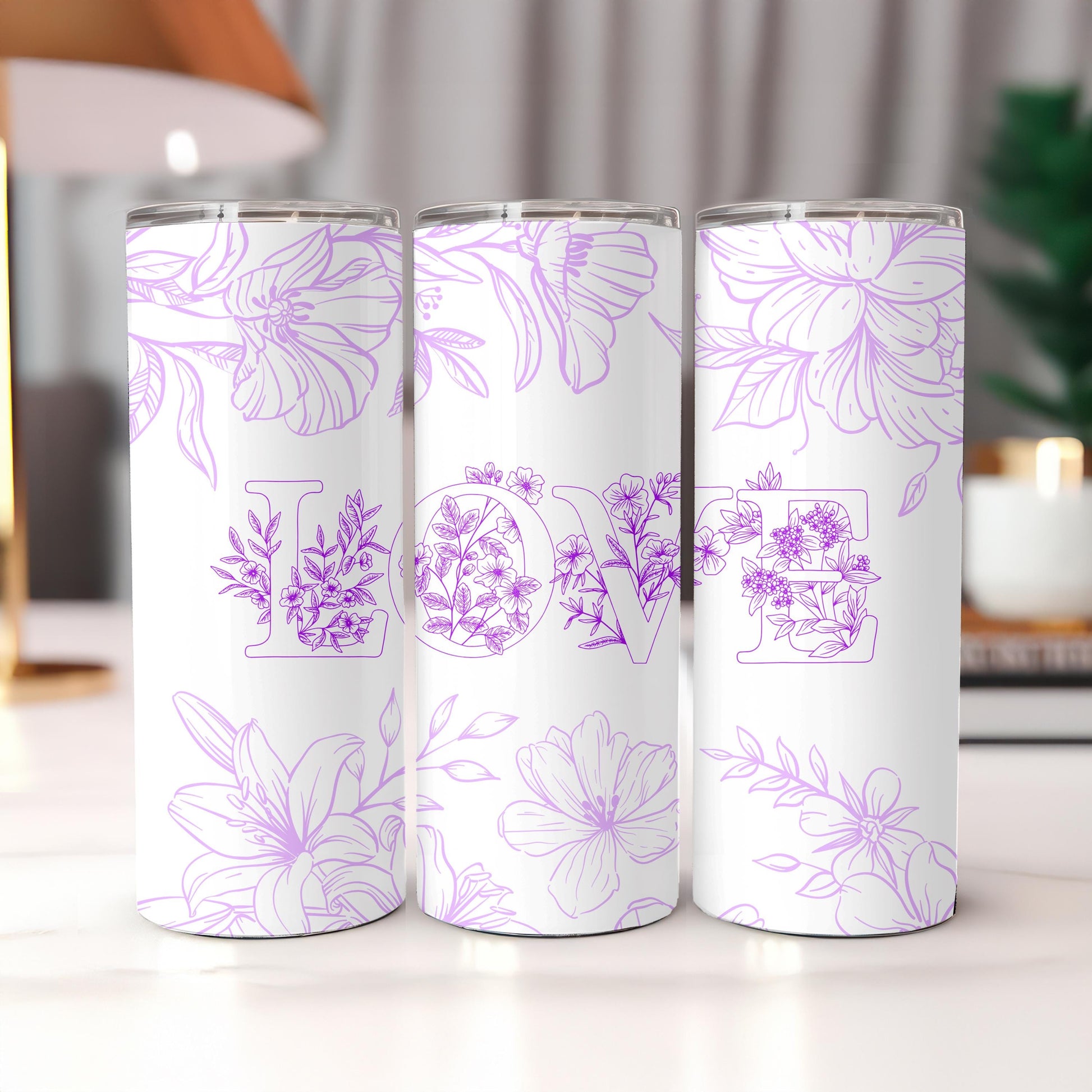 Floral Love Tumbler: 20oz Skinny Tumbler, Purple Flower Travel Mug, Romantic Botanical Gift for Her