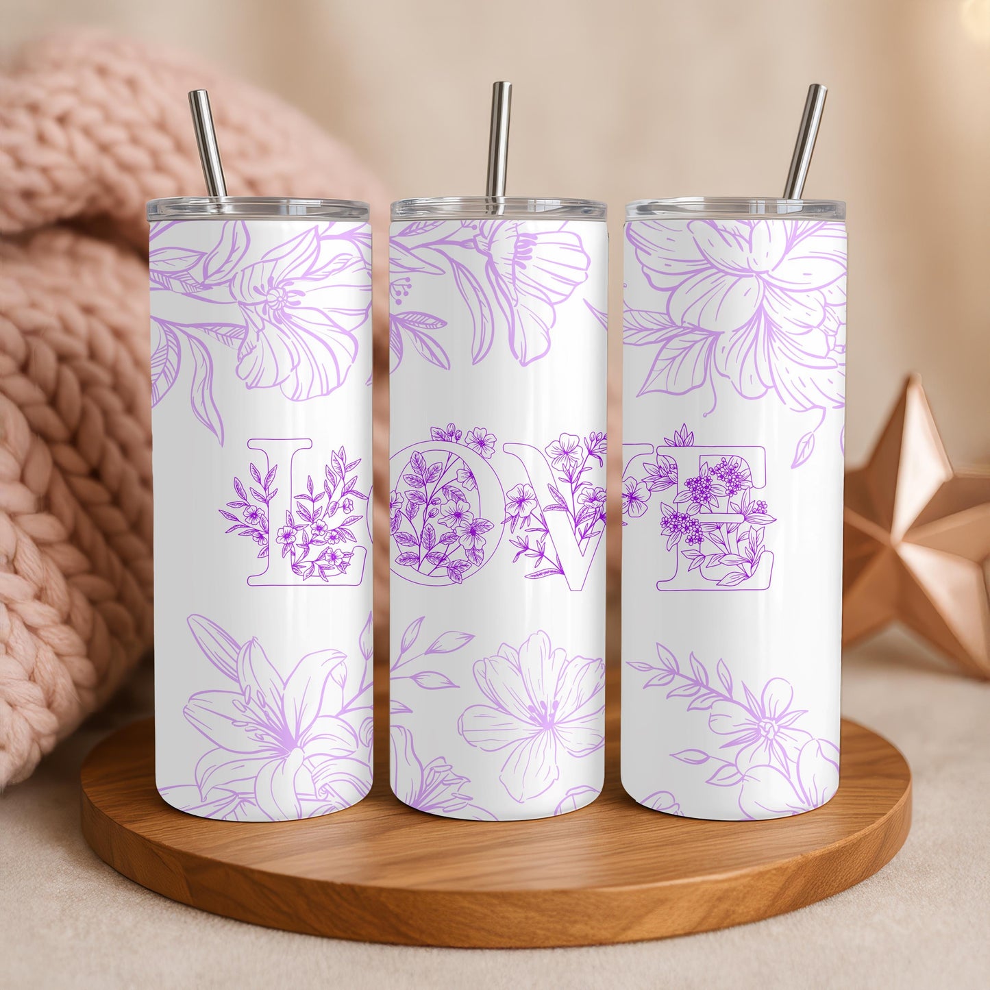 Floral Love Tumbler: 20oz Skinny Tumbler, Purple Flower Travel Mug, Romantic Botanical Gift for Her